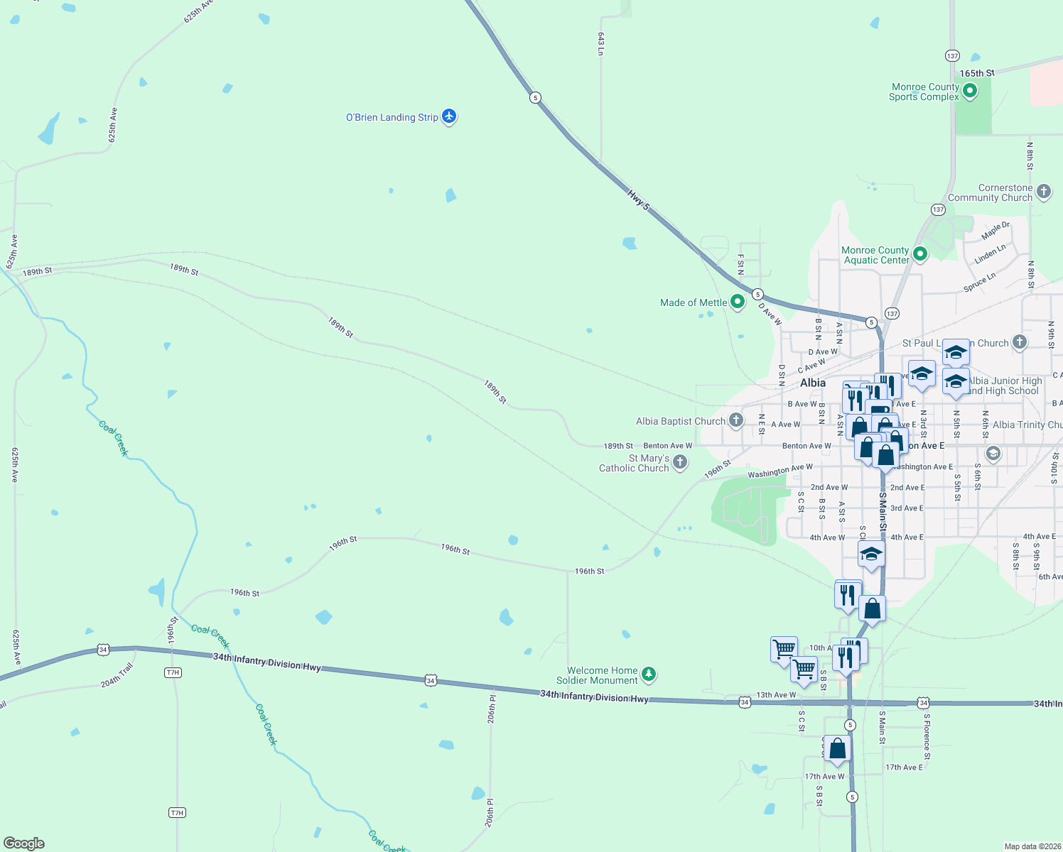 map of restaurants, bars, coffee shops, grocery stores, and more near 6419 189th Street in Albia
