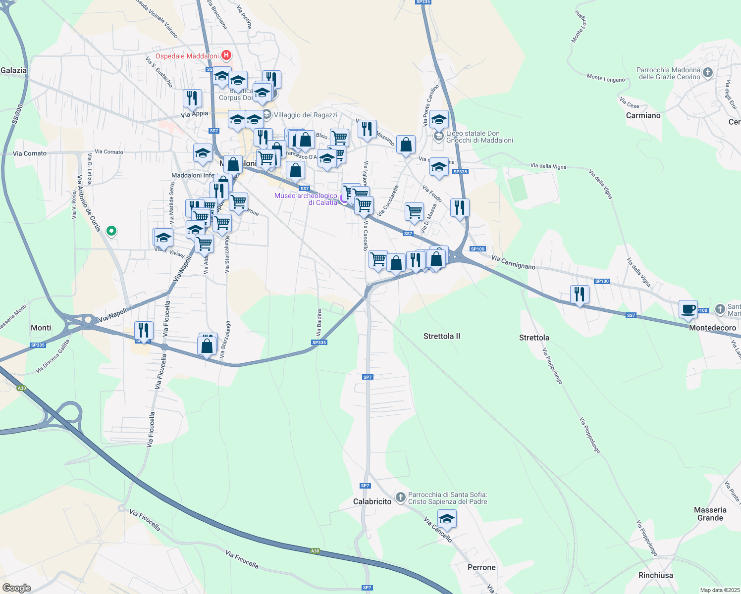 map of restaurants, bars, coffee shops, grocery stores, and more near 10 Via Cancello in Maddaloni
