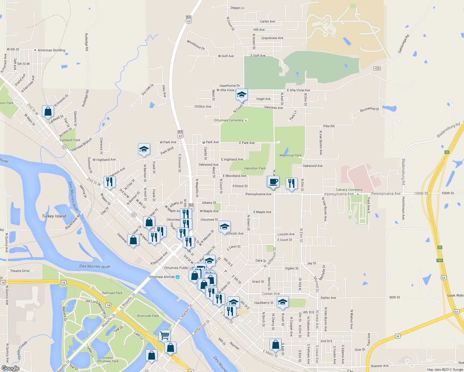 map of restaurants, bars, coffee shops, grocery stores, and more near Wayne Street in Ottumwa