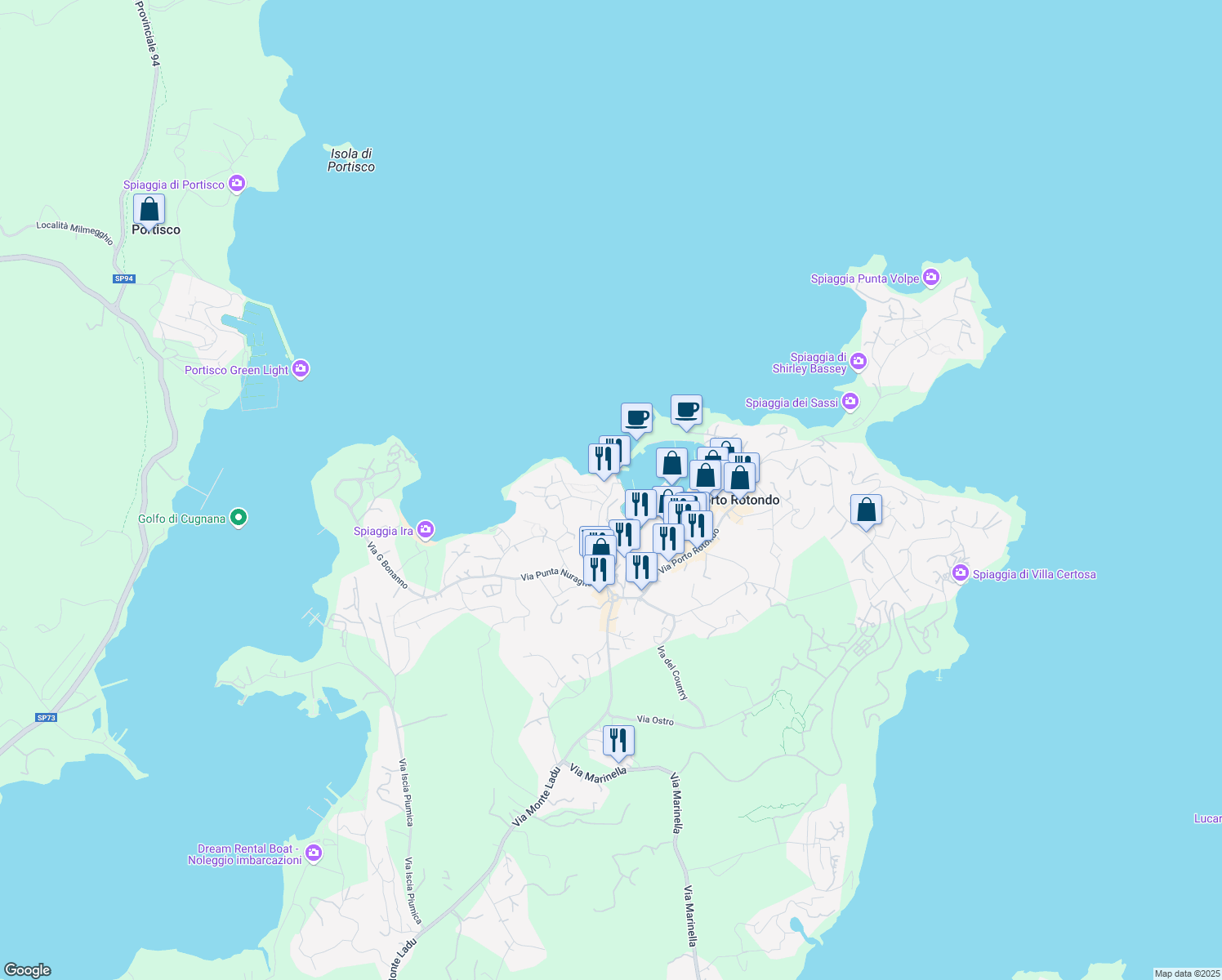map of restaurants, bars, coffee shops, grocery stores, and more near 26 Via G.Germiniasi in Porto Rotondo