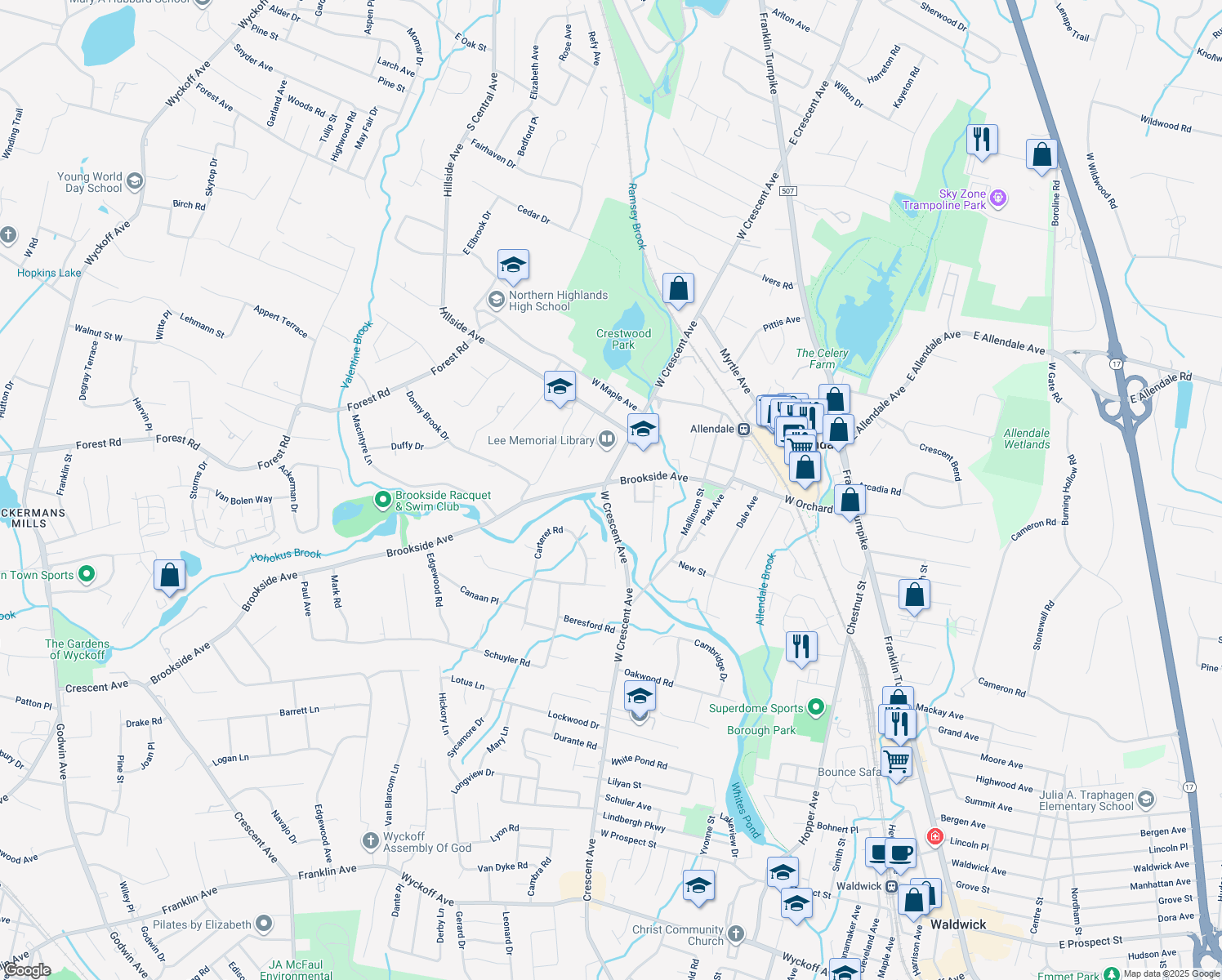 map of restaurants, bars, coffee shops, grocery stores, and more near 171 Brookside Avenue in Allendale