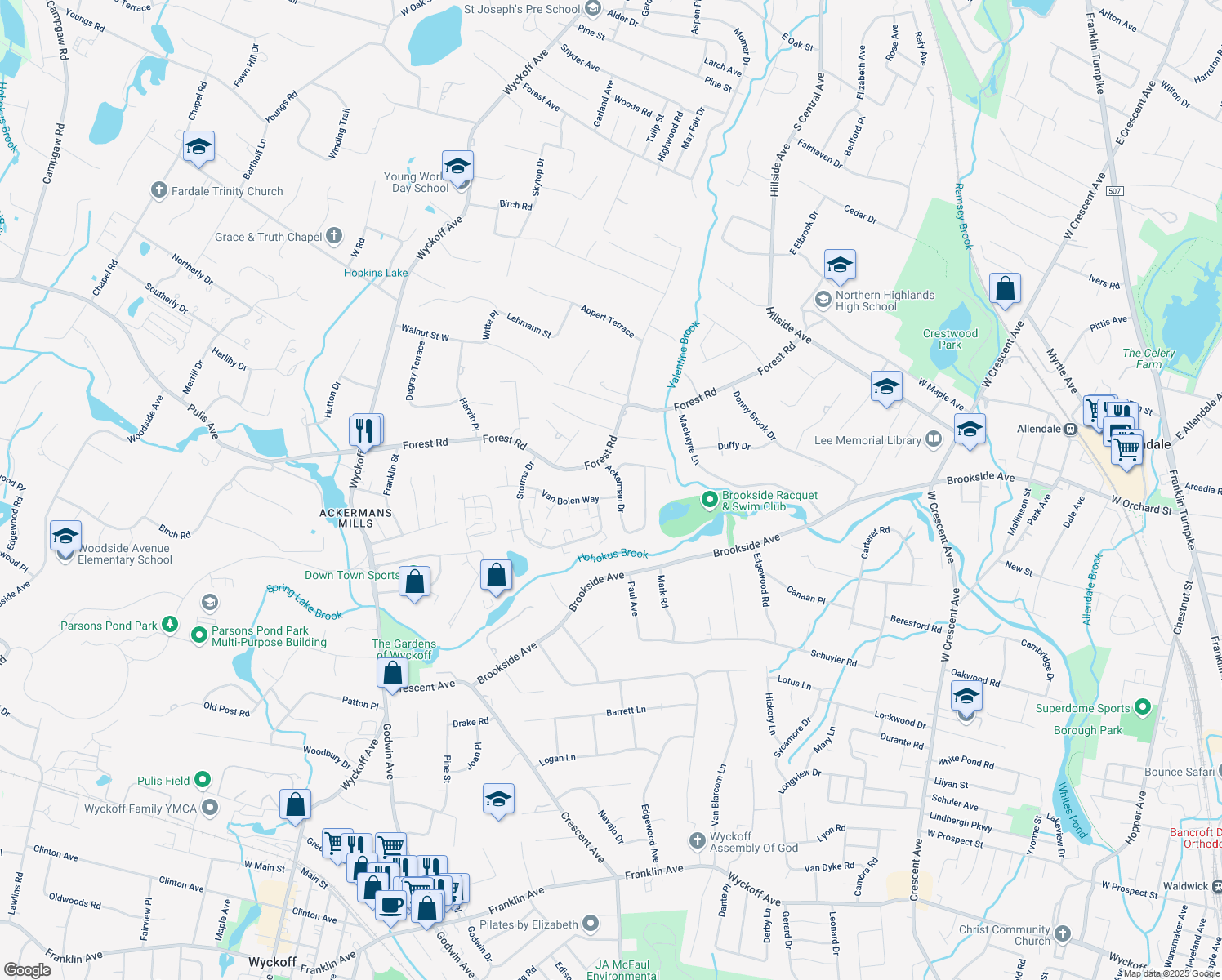 map of restaurants, bars, coffee shops, grocery stores, and more near 139 Van Bolen Way in Mahwah