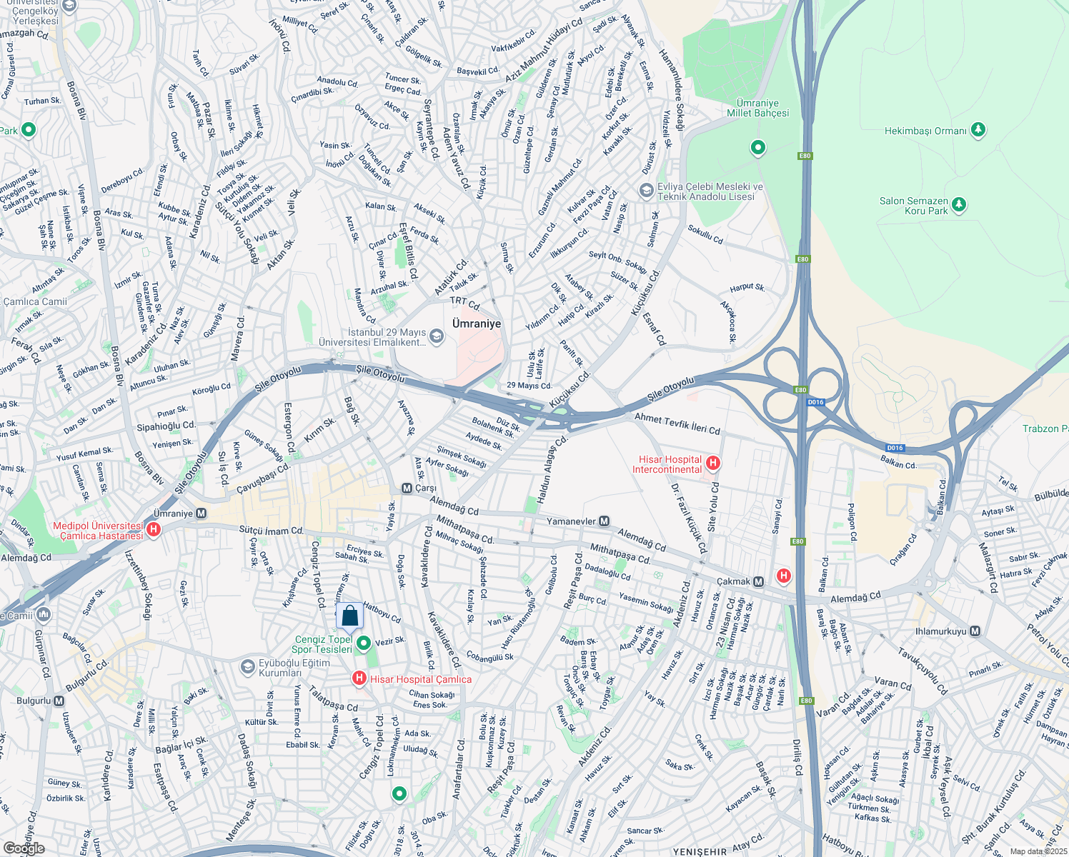 map of restaurants, bars, coffee shops, grocery stores, and more near 64 Küçüksu Caddesi in Ümraniye