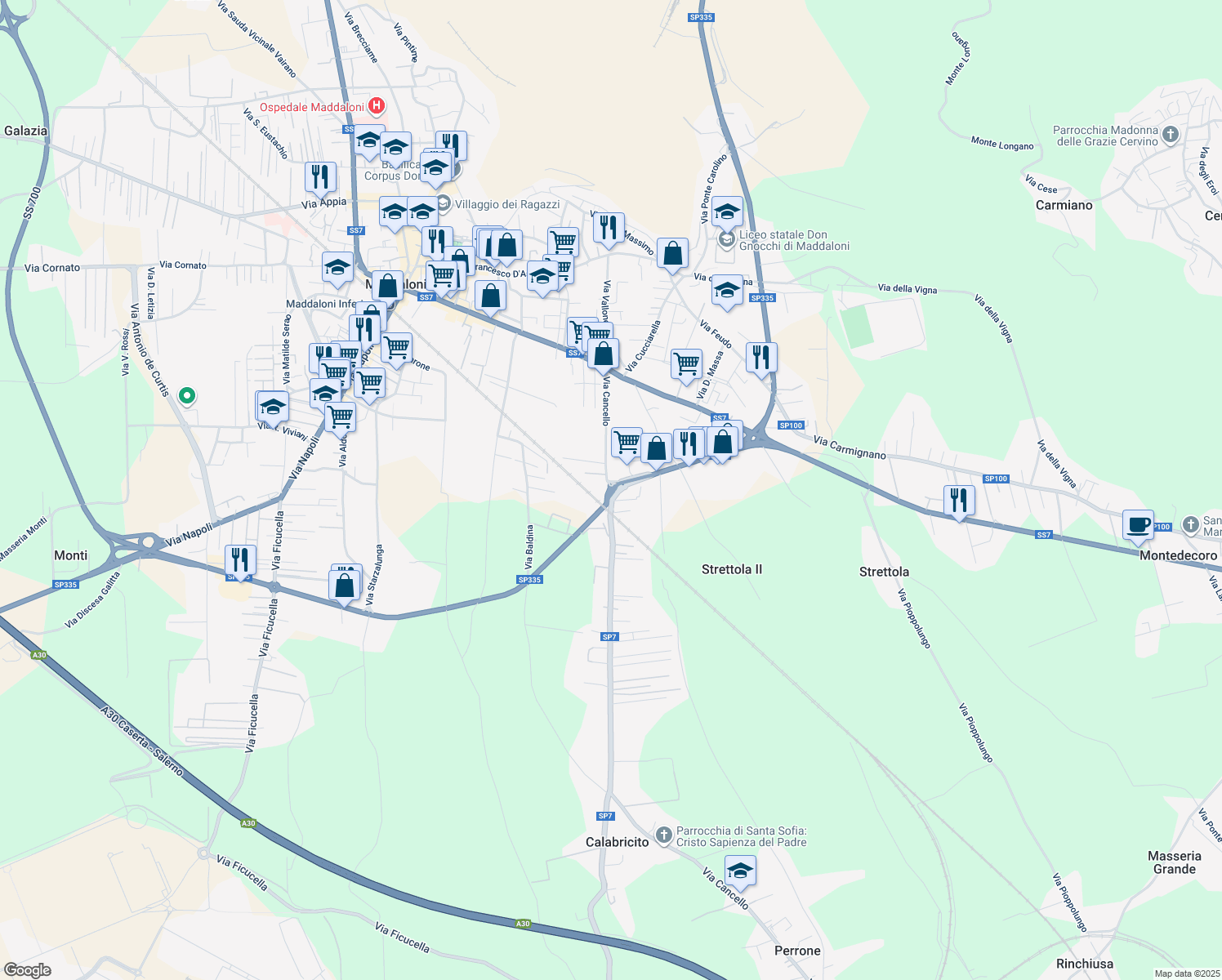 map of restaurants, bars, coffee shops, grocery stores, and more near in Maddaloni