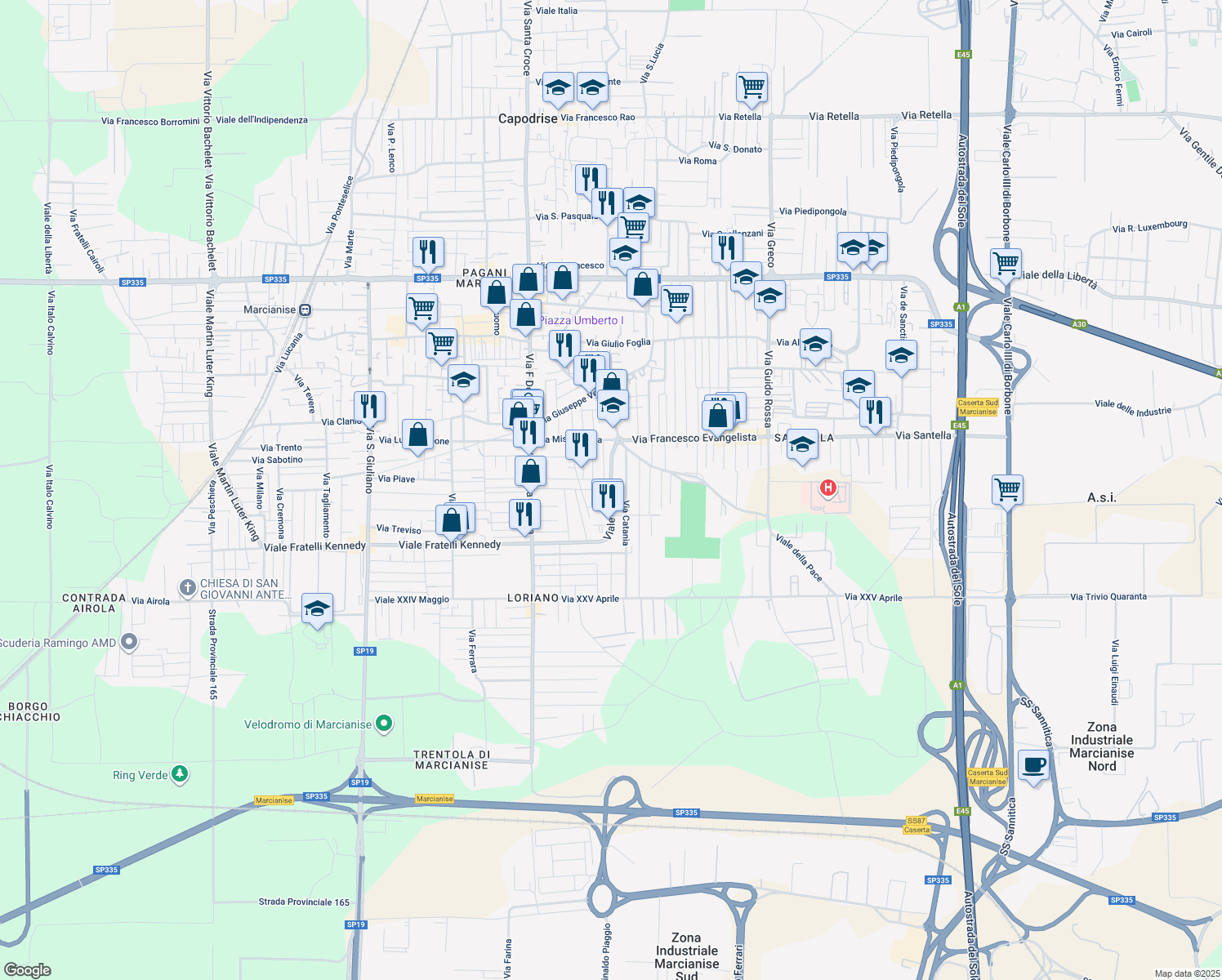 map of restaurants, bars, coffee shops, grocery stores, and more near 74 Viale Gandhi in Marcianise