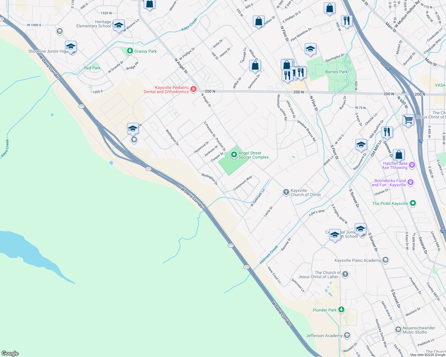 map of restaurants, bars, coffee shops, grocery stores, and more near 1771 Beaumont Drive in Kaysville