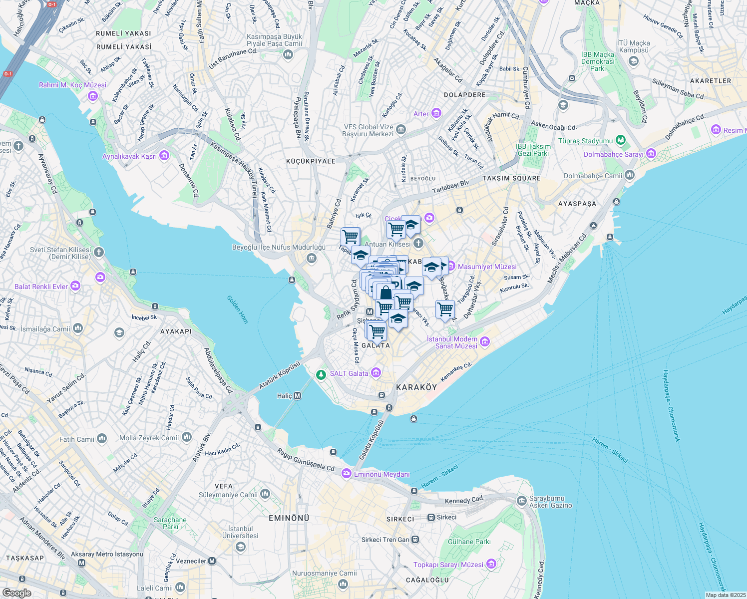 map of restaurants, bars, coffee shops, grocery stores, and more near 14 General Yazgan Sokak in Beyoğlu