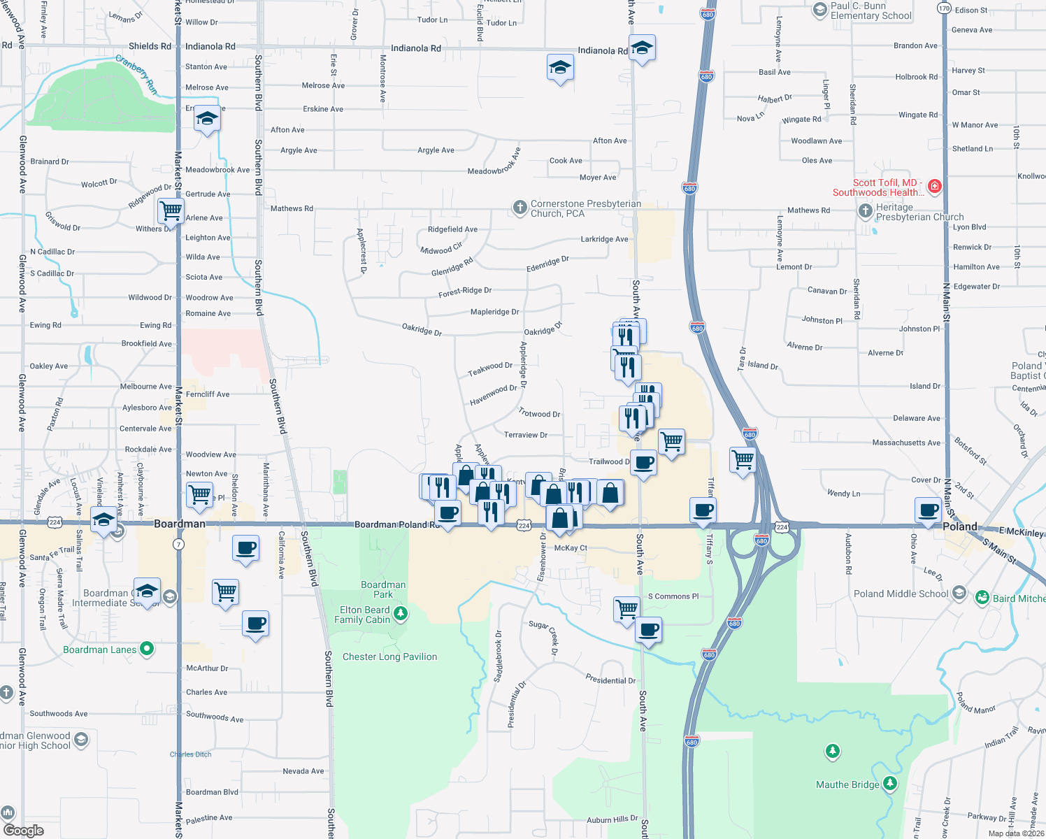 map of restaurants, bars, coffee shops, grocery stores, and more near 827 Trotwood Drive in Youngstown
