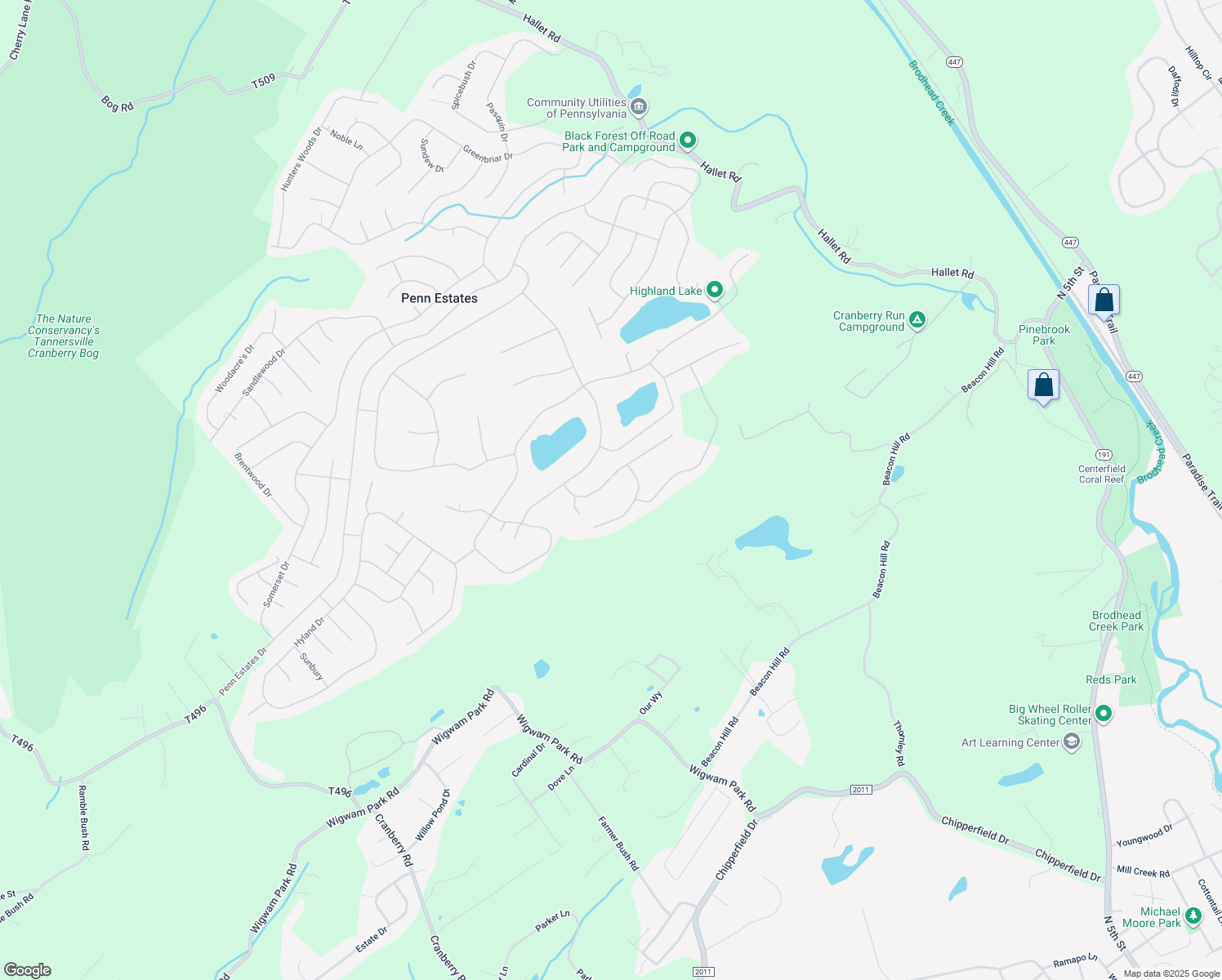 map of restaurants, bars, coffee shops, grocery stores, and more near 7130 Glenwood Drive in East Stroudsburg