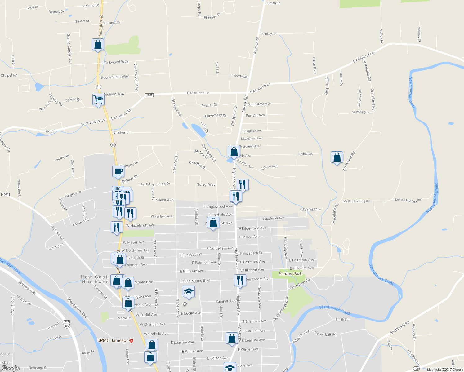 map of restaurants, bars, coffee shops, grocery stores, and more near 2712 Old Plank Road in New Castle