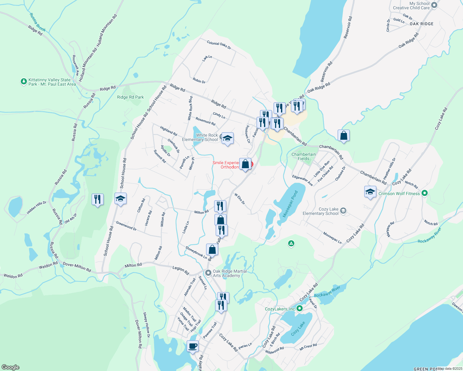 map of restaurants, bars, coffee shops, grocery stores, and more near 5653 Berkshire Valley Rd in Jefferson