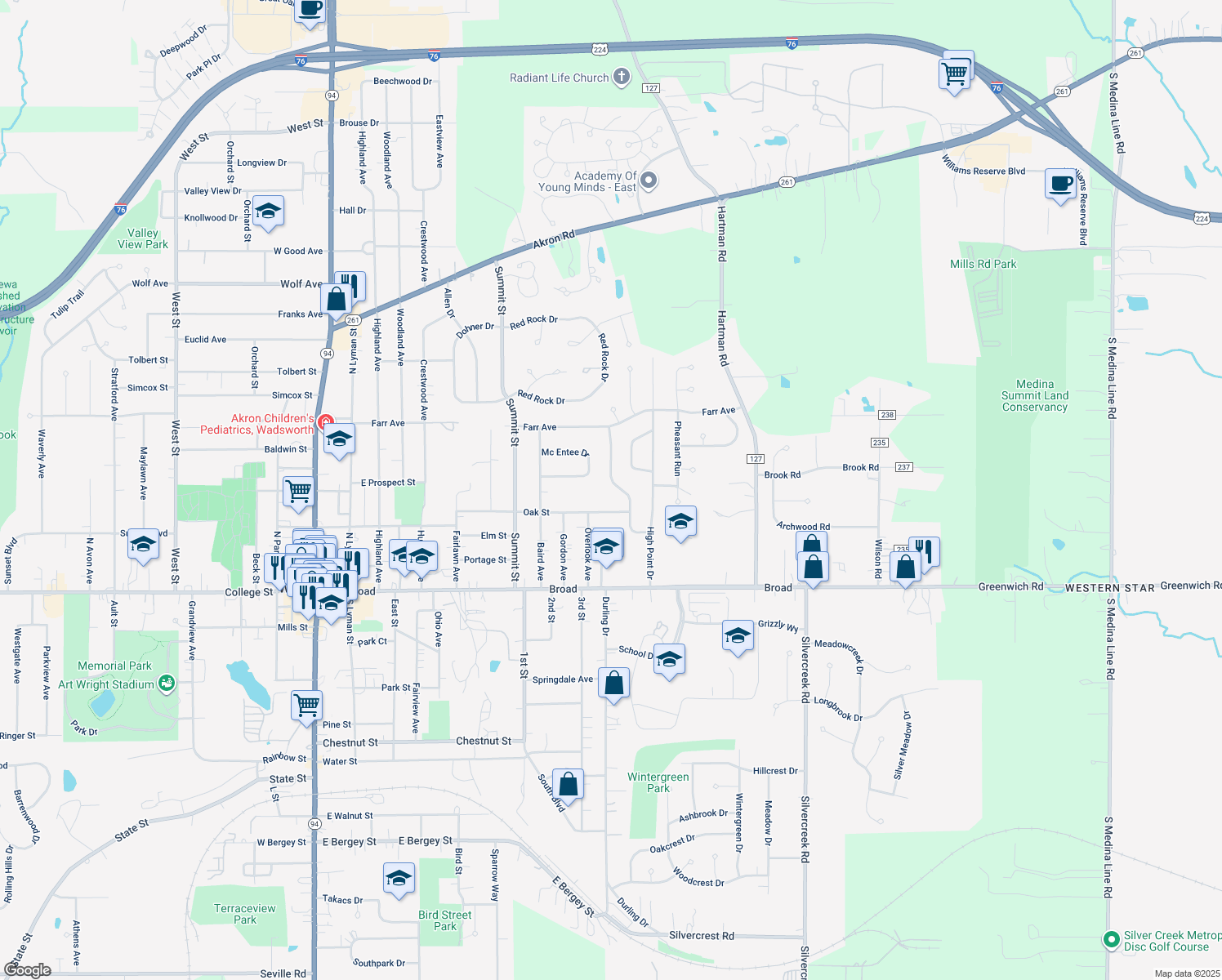 map of restaurants, bars, coffee shops, grocery stores, and more near 254 Tanglewood Trail in Wadsworth