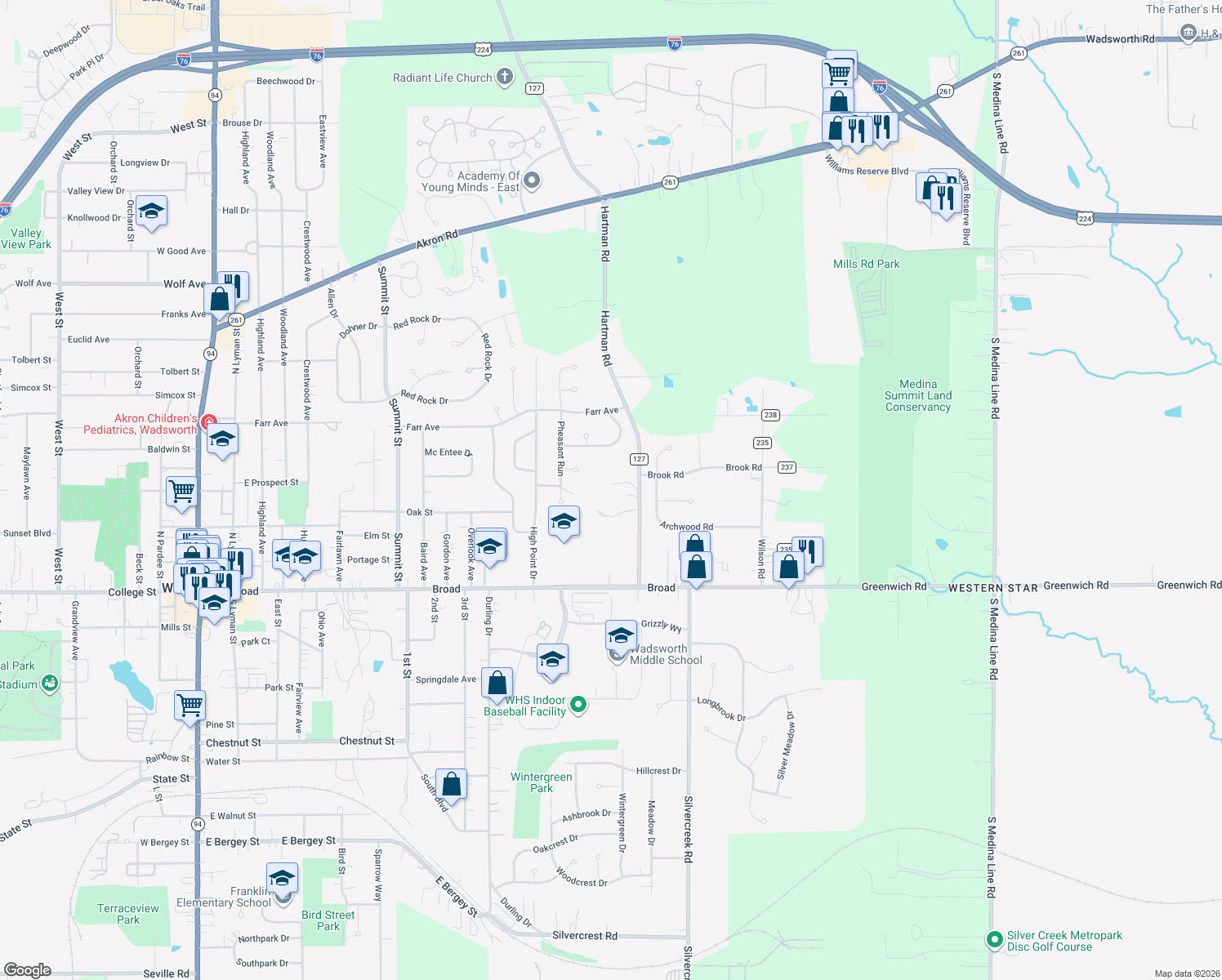 map of restaurants, bars, coffee shops, grocery stores, and more near 250 Hartman Rd in Wadsworth
