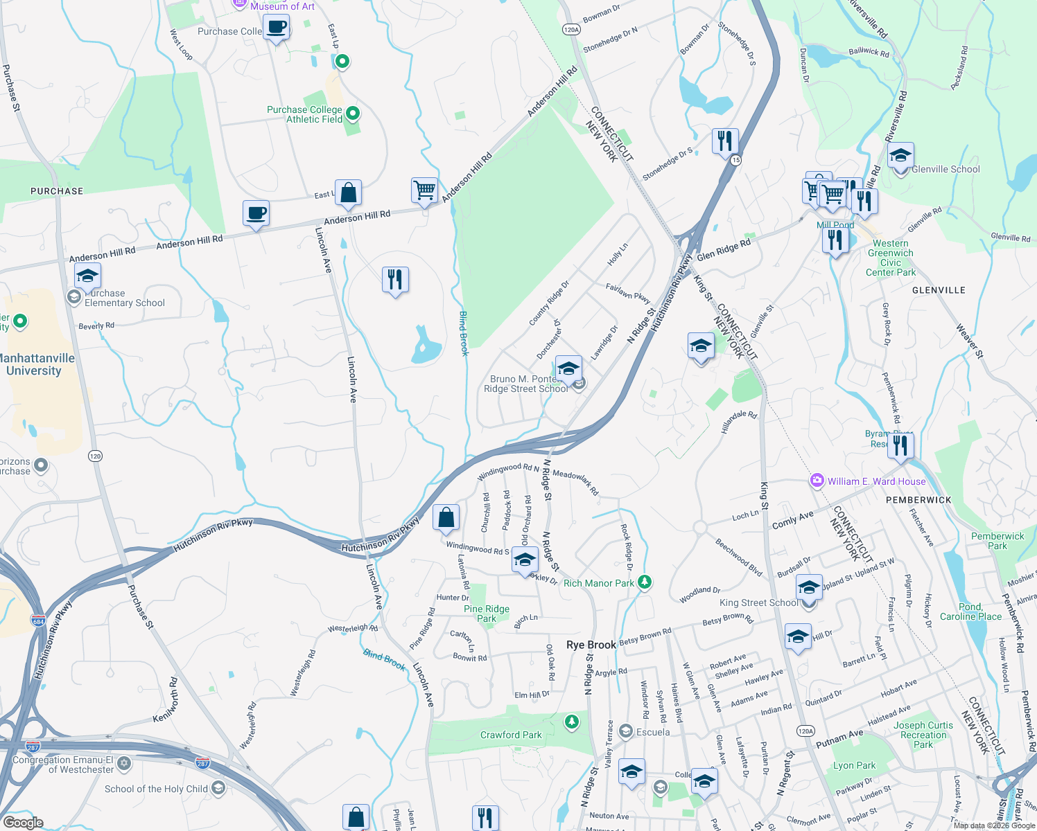 map of restaurants, bars, coffee shops, grocery stores, and more near 196 Country Ridge Drive in Rye Brook