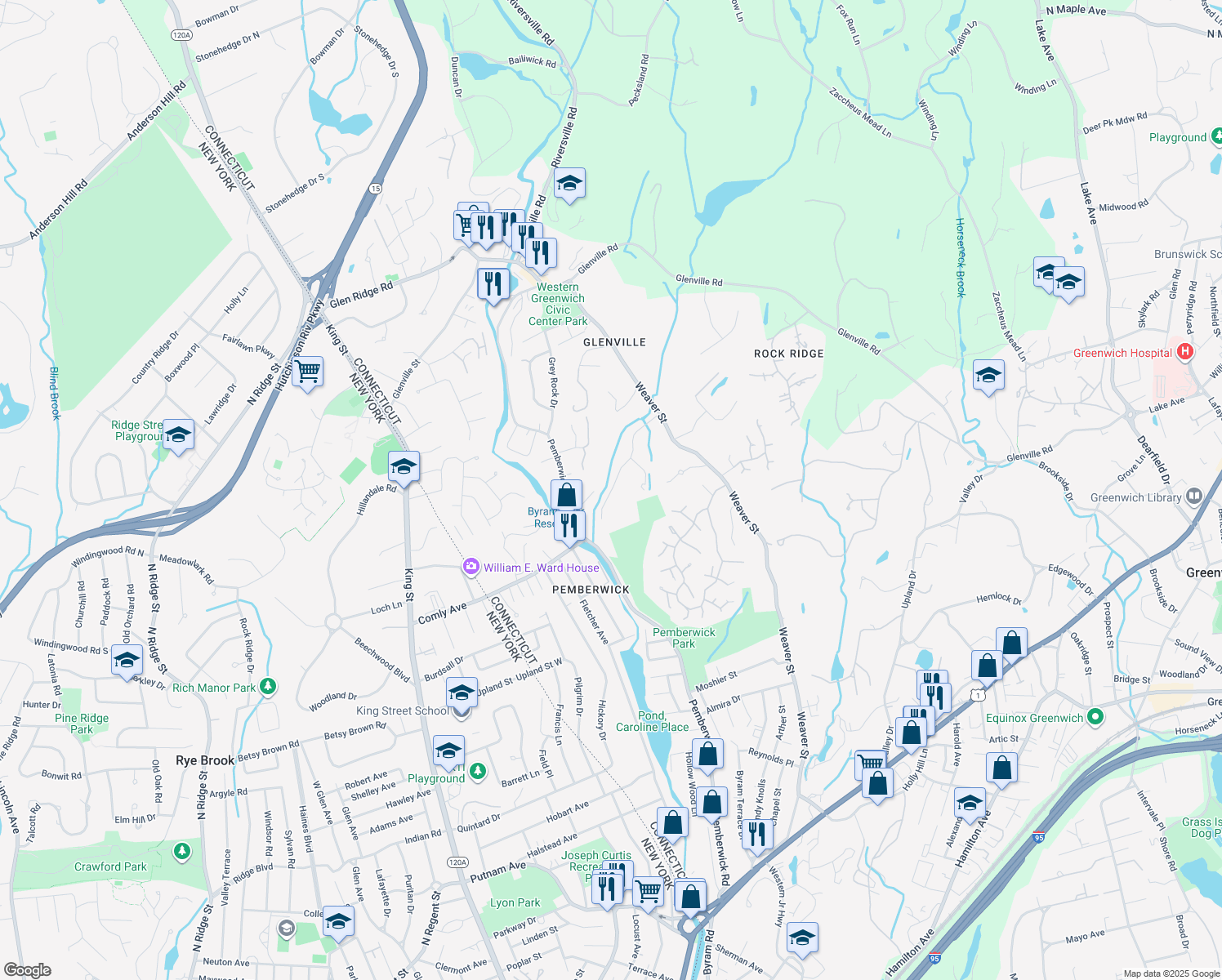 map of restaurants, bars, coffee shops, grocery stores, and more near 32 Deep Gorge Road in Greenwich
