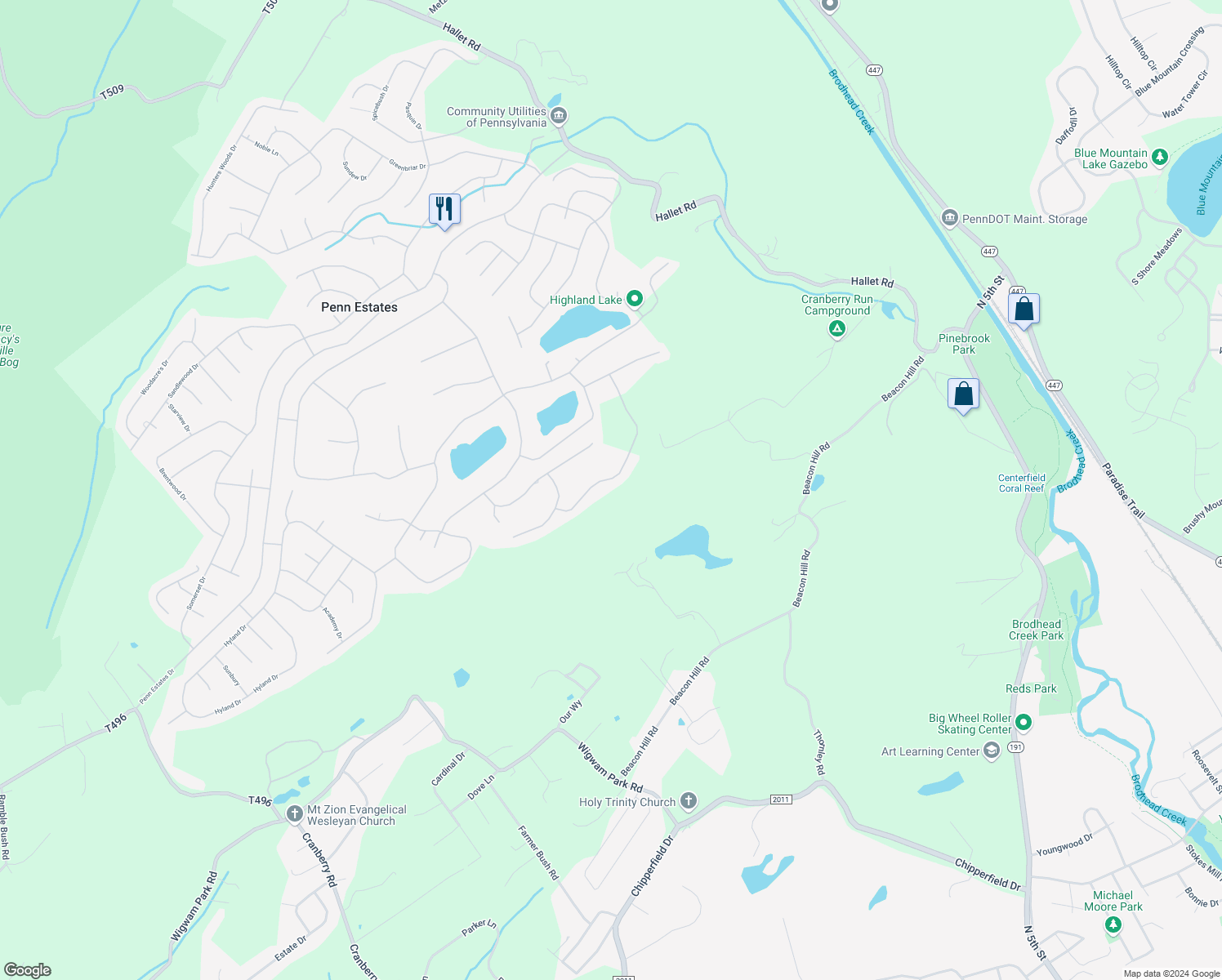 map of restaurants, bars, coffee shops, grocery stores, and more near 360 Deborah Drive in East Stroudsburg