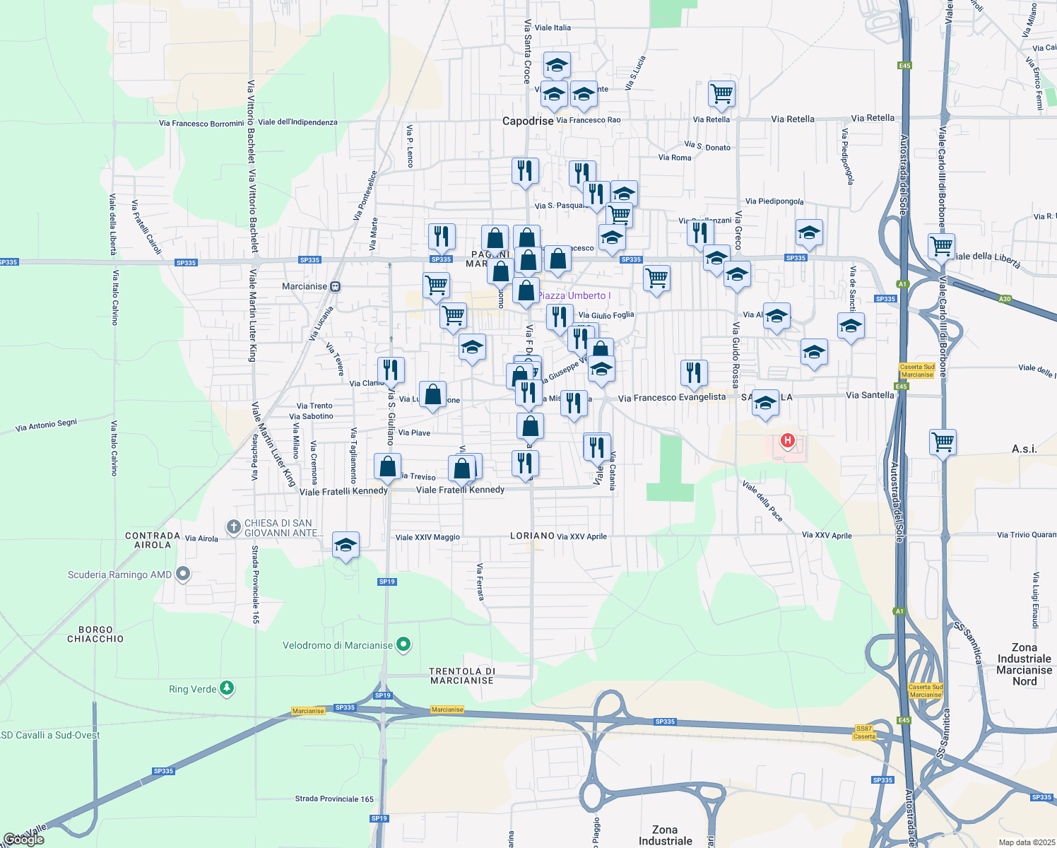 map of restaurants, bars, coffee shops, grocery stores, and more near 48 Viale della Vittoria in Marcianise