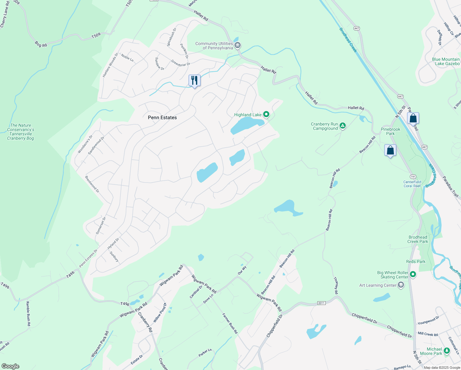 map of restaurants, bars, coffee shops, grocery stores, and more near 7136 Glenwood Drive in East Stroudsburg