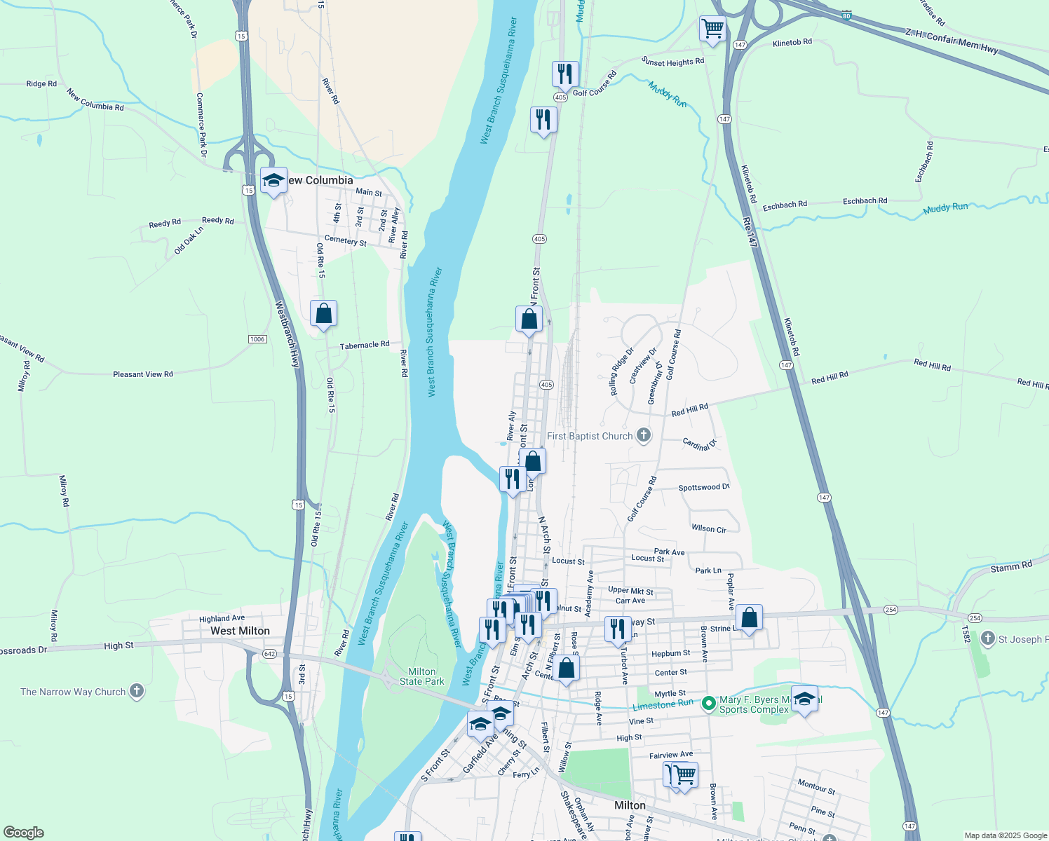 map of restaurants, bars, coffee shops, grocery stores, and more near 899 N Front St in Milton