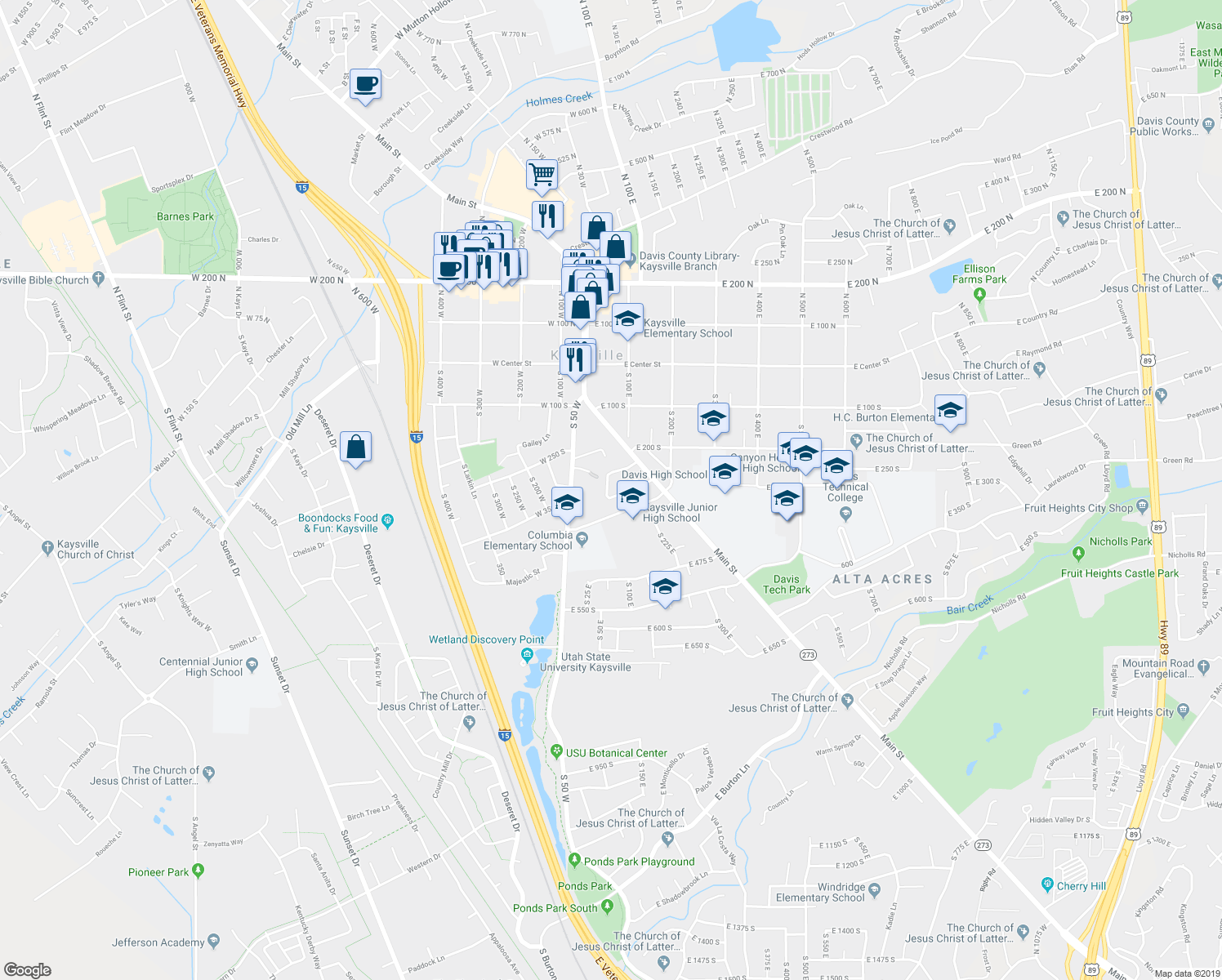map of restaurants, bars, coffee shops, grocery stores, and more near 48 Belmore Drive in Kaysville