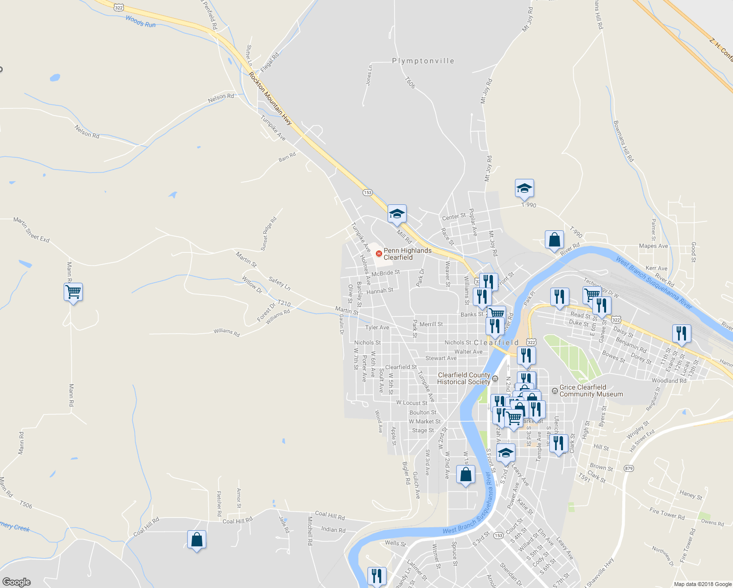 map of restaurants, bars, coffee shops, grocery stores, and more near 610 Hannah Street in Clearfield