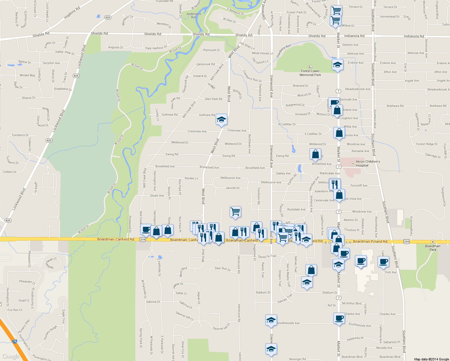 map of restaurants, bars, coffee shops, grocery stores, and more near 433 Melbourne Avenue in Youngstown