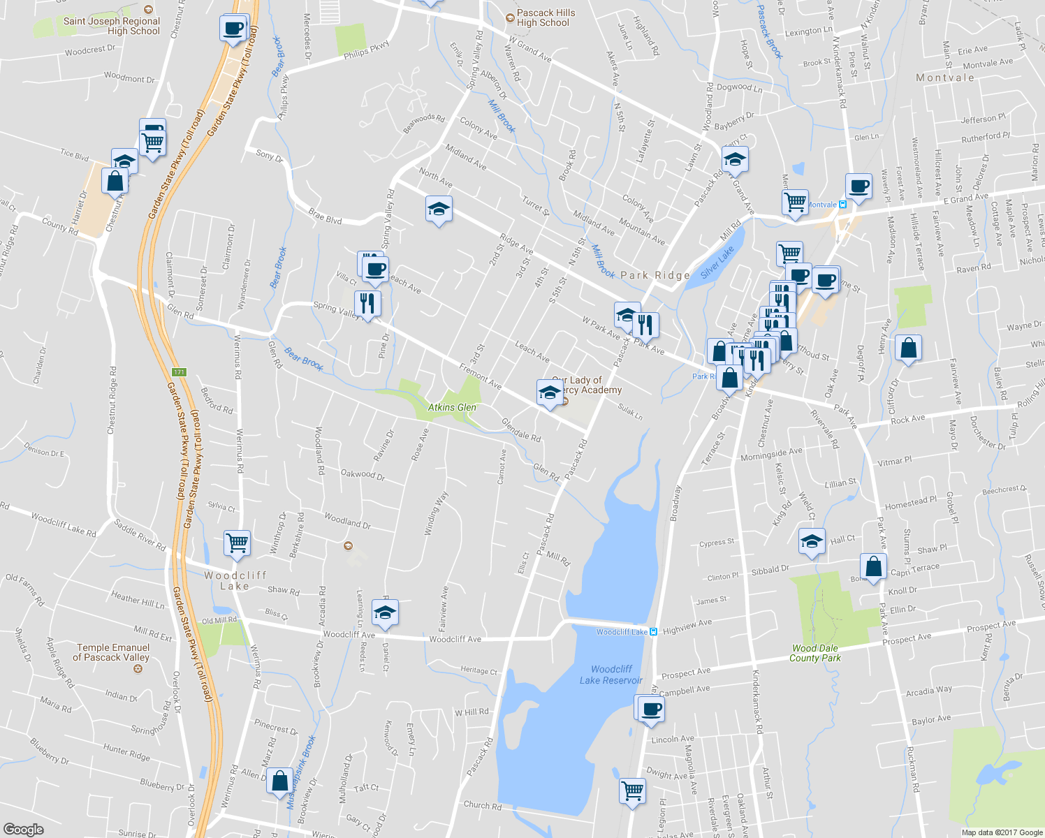 map of restaurants, bars, coffee shops, grocery stores, and more near 11 Leach Lane in Park Ridge