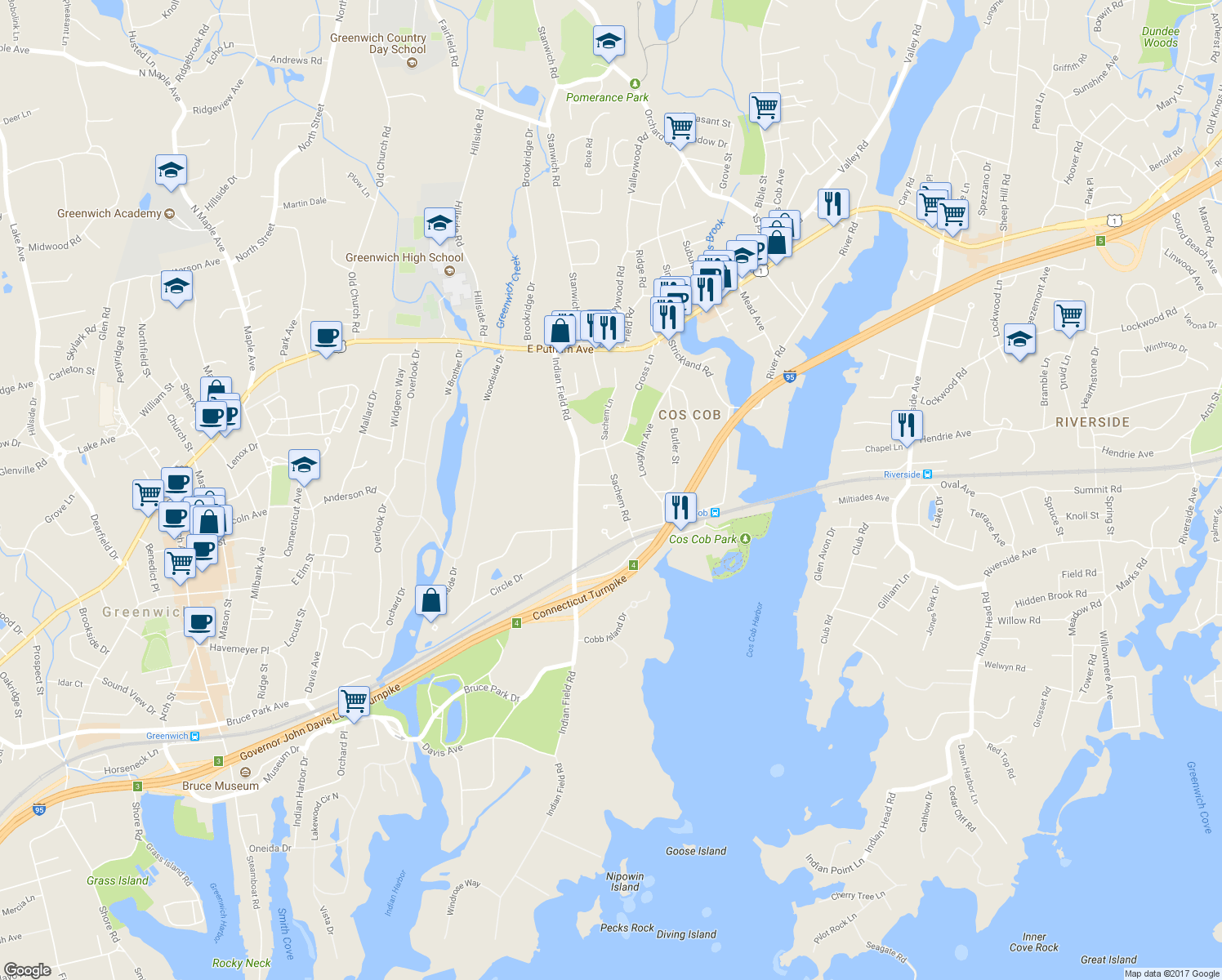 map of restaurants, bars, coffee shops, grocery stores, and more near 8 Osceola Drive in Greenwich