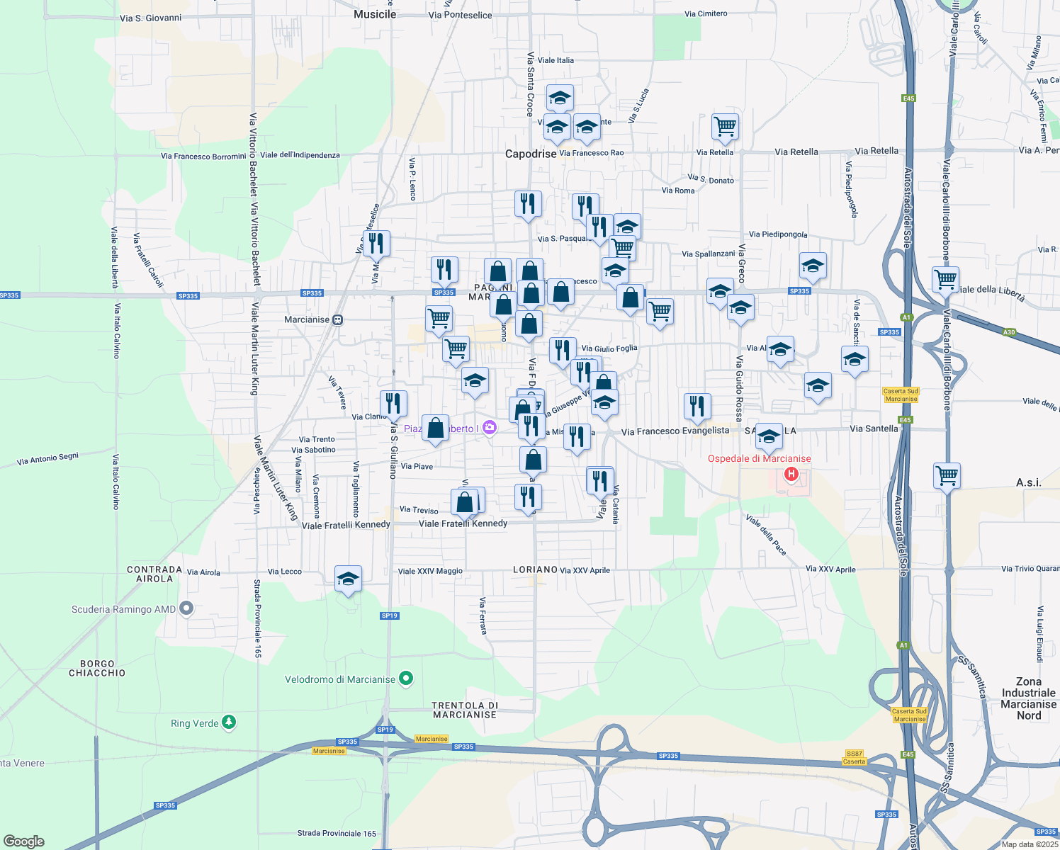 map of restaurants, bars, coffee shops, grocery stores, and more near 2 Viale della Vittoria in Marcianise