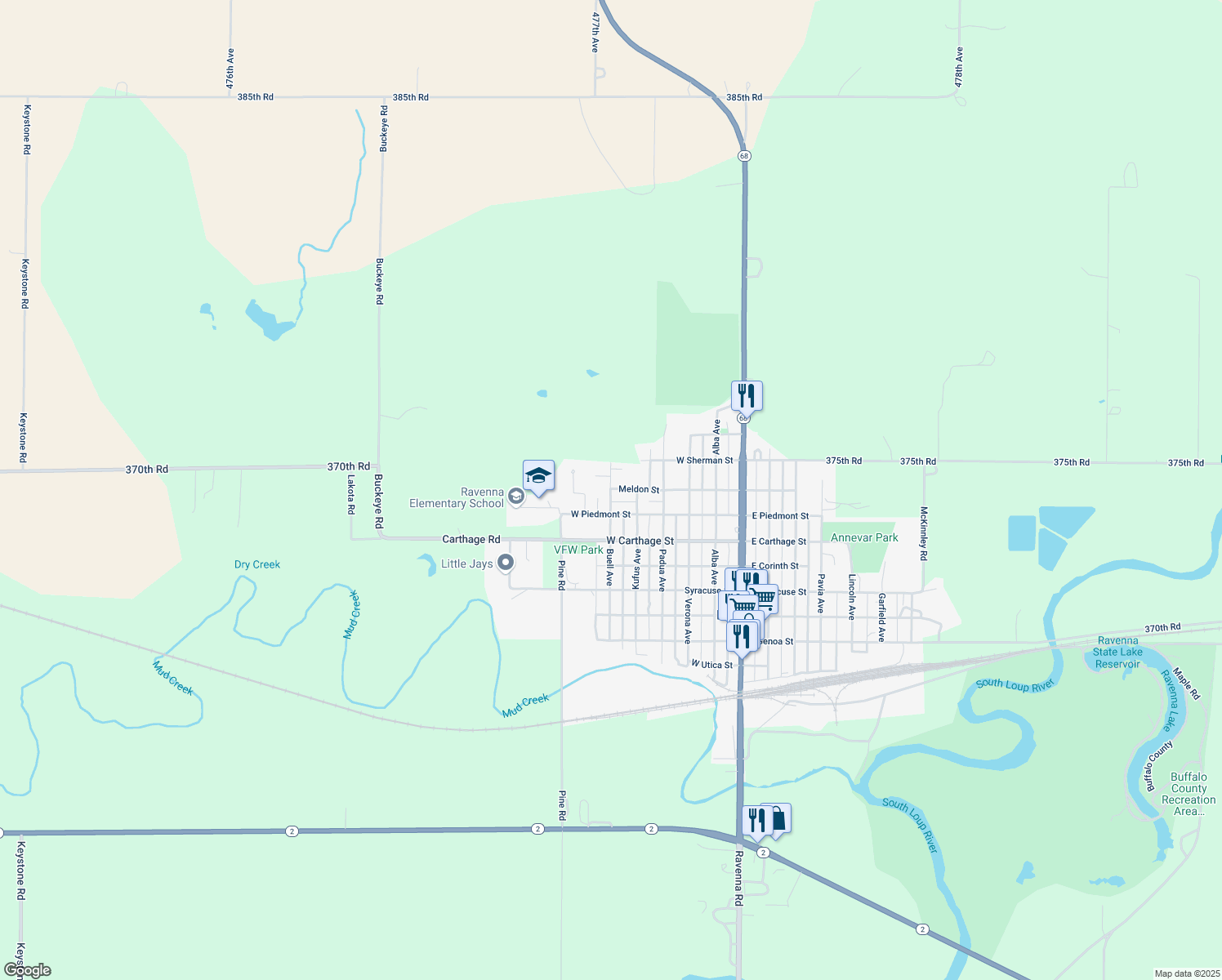 map of restaurants, bars, coffee shops, grocery stores, and more near 599 W Meldon St in Ravenna