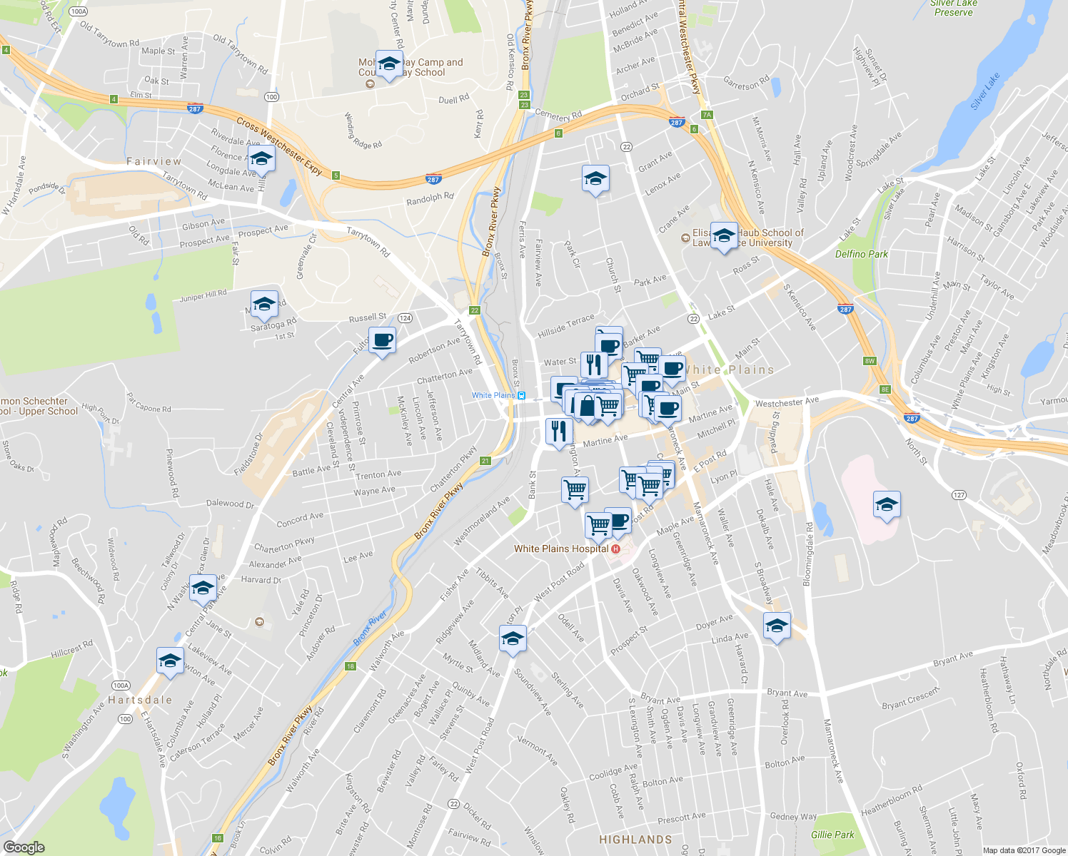 map of restaurants, bars, coffee shops, grocery stores, and more near 25 Bank Street in White Plains
