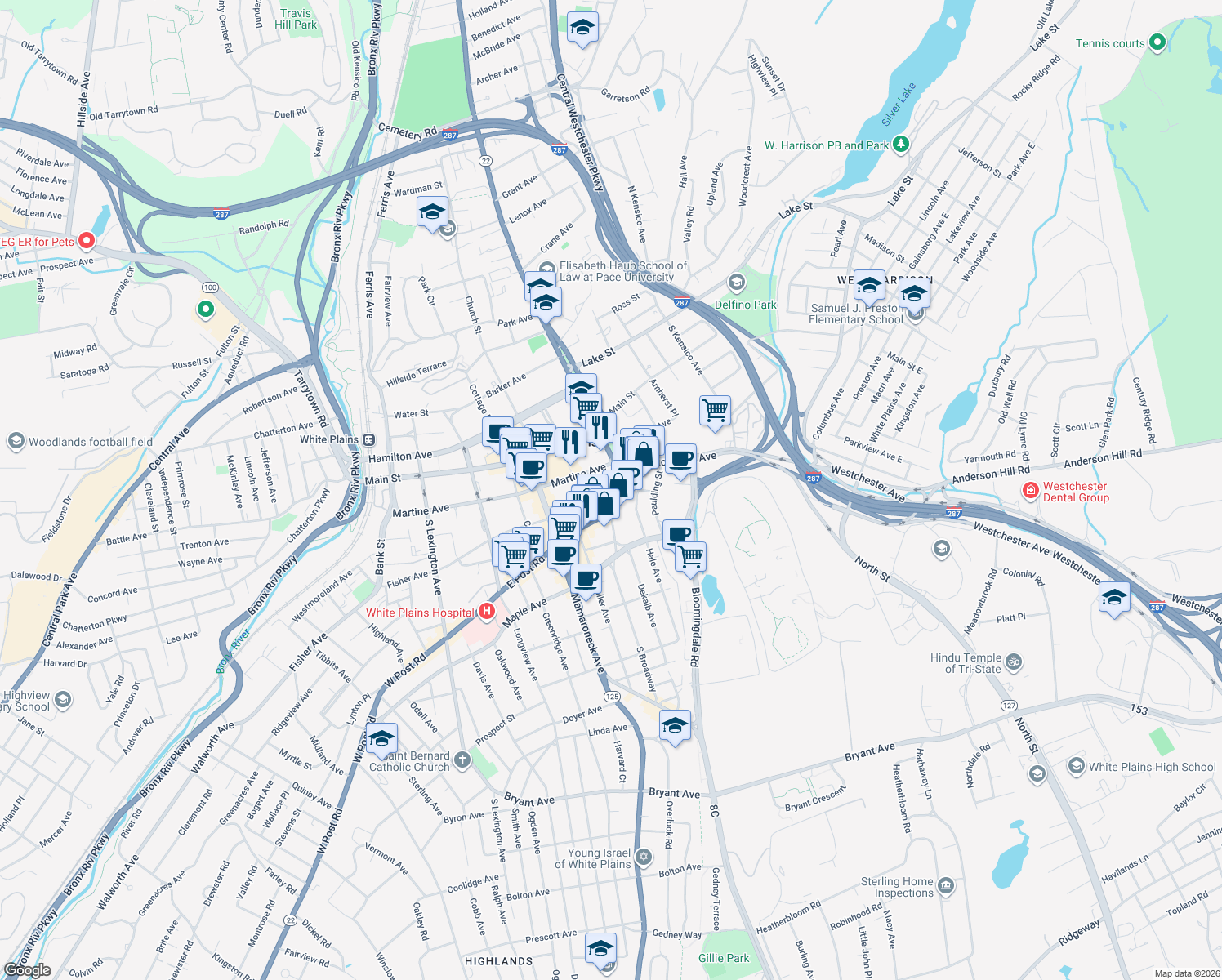 map of restaurants, bars, coffee shops, grocery stores, and more near 35 South Broadway in White Plains