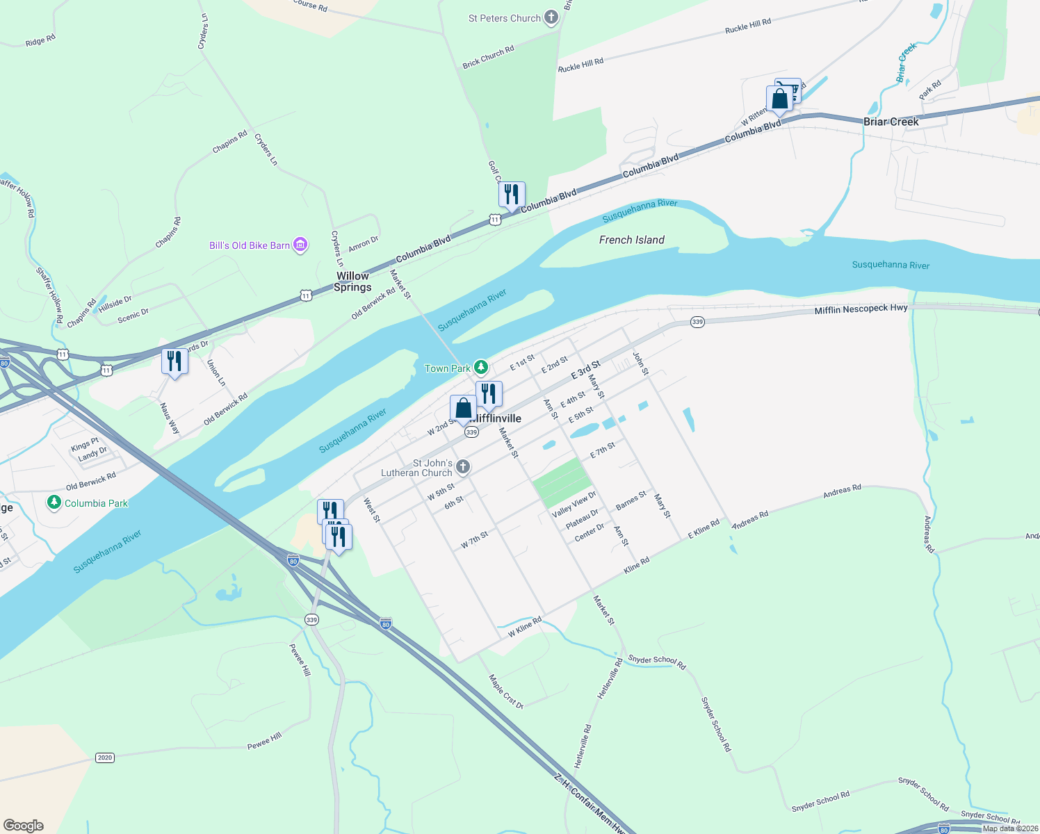 map of restaurants, bars, coffee shops, grocery stores, and more near 114 E 3rd St in Mifflinville