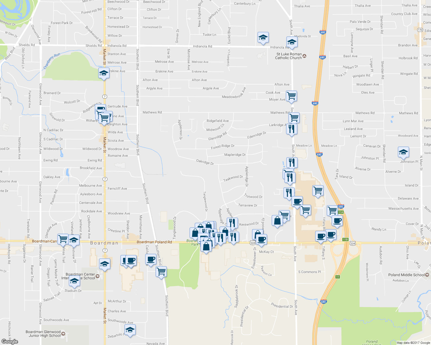 map of restaurants, bars, coffee shops, grocery stores, and more near 6508 Applewood Boulevard in Youngstown