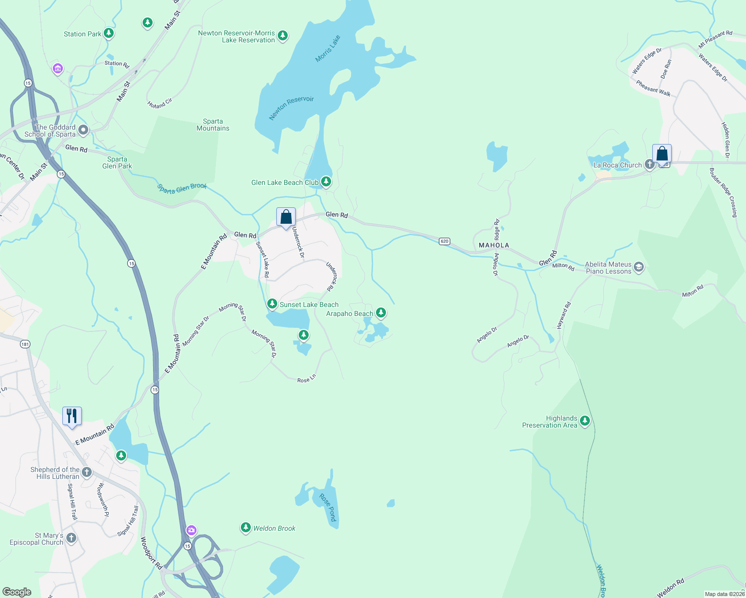 map of restaurants, bars, coffee shops, grocery stores, and more near 107 Arapaho Trail in Sparta