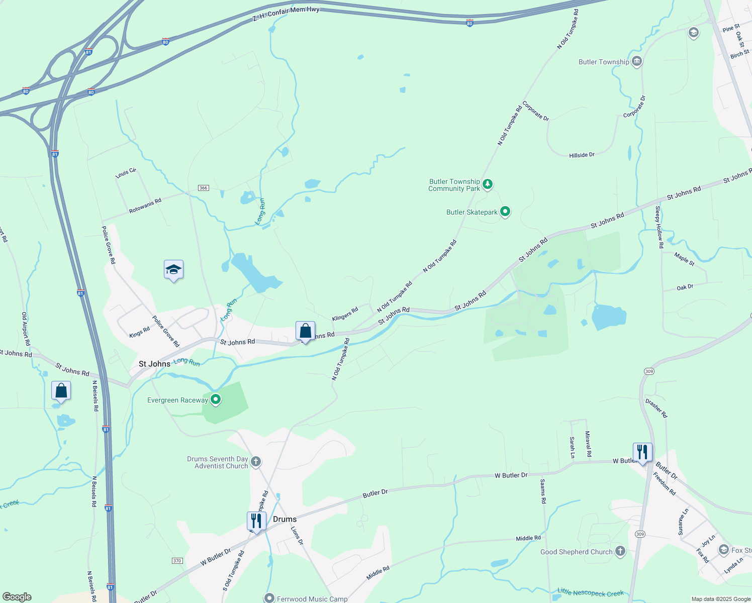 map of restaurants, bars, coffee shops, grocery stores, and more near 105 Klingers Road in Drums