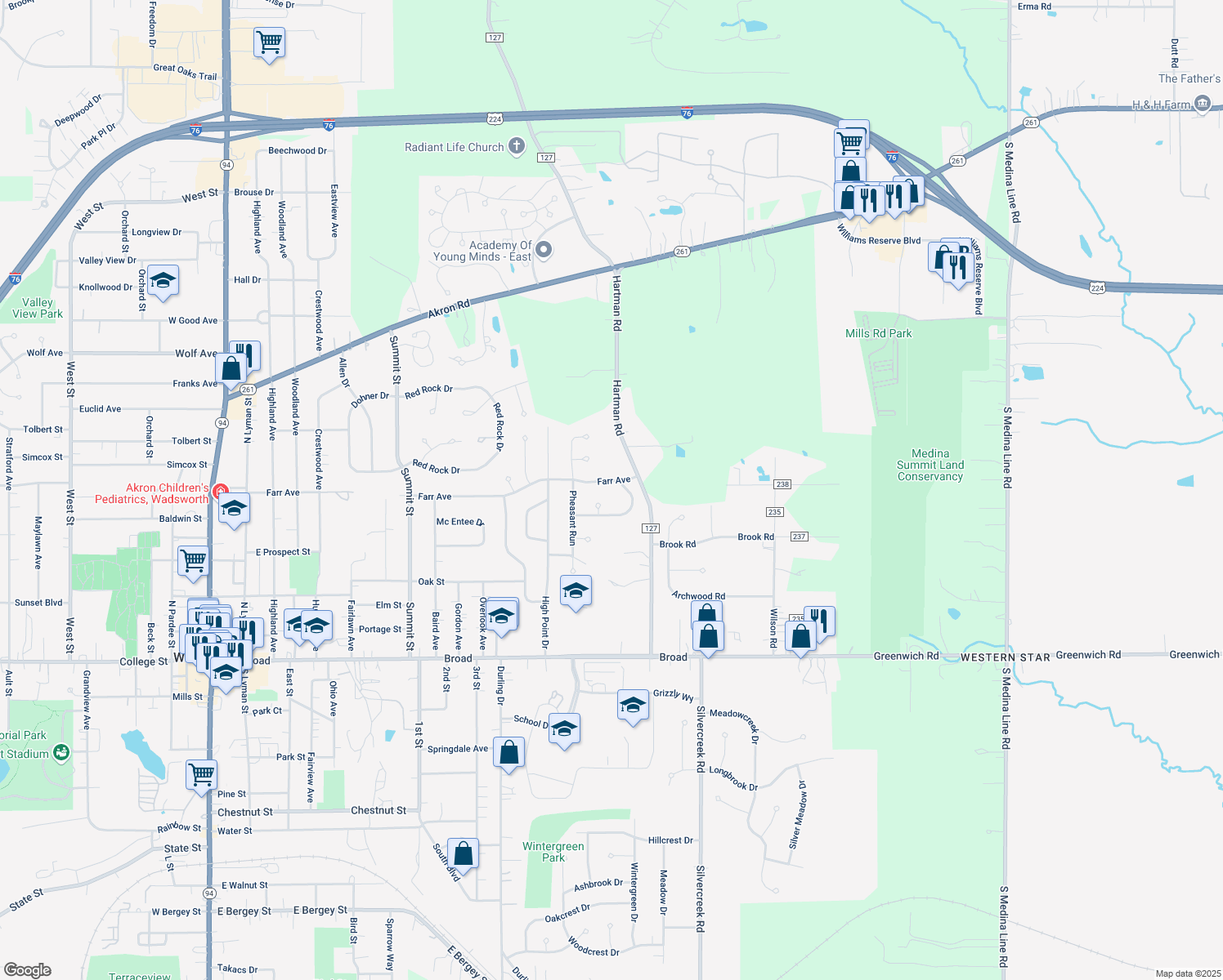 map of restaurants, bars, coffee shops, grocery stores, and more near 679 Farr Avenue in Wadsworth