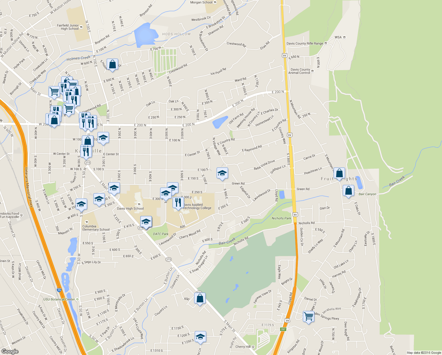map of restaurants, bars, coffee shops, grocery stores, and more near 827 Green Road in Kaysville