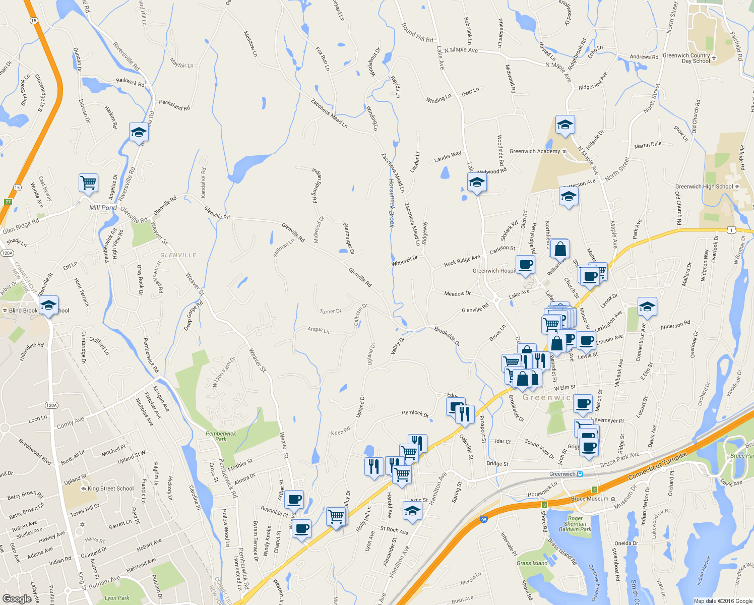 map of restaurants, bars, coffee shops, grocery stores, and more near 7 Calhoun Drive in Greenwich