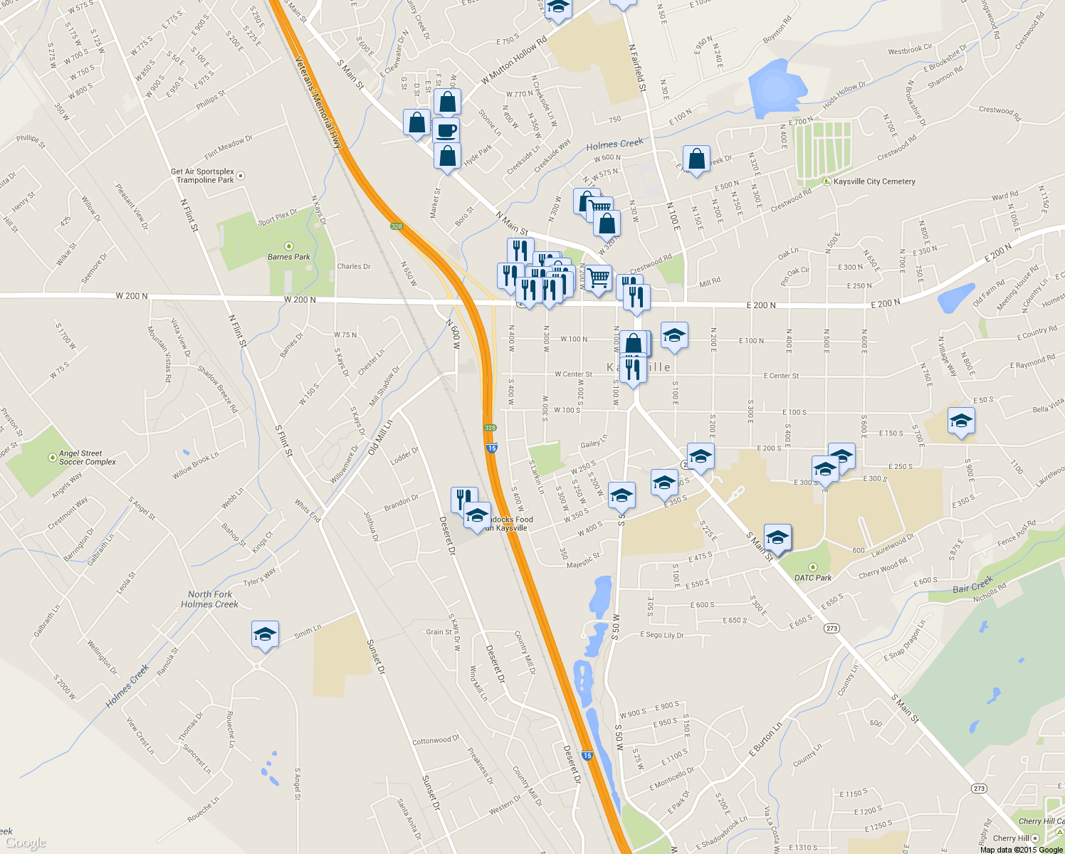map of restaurants, bars, coffee shops, grocery stores, and more near 143 Larkin Ln in Kaysville