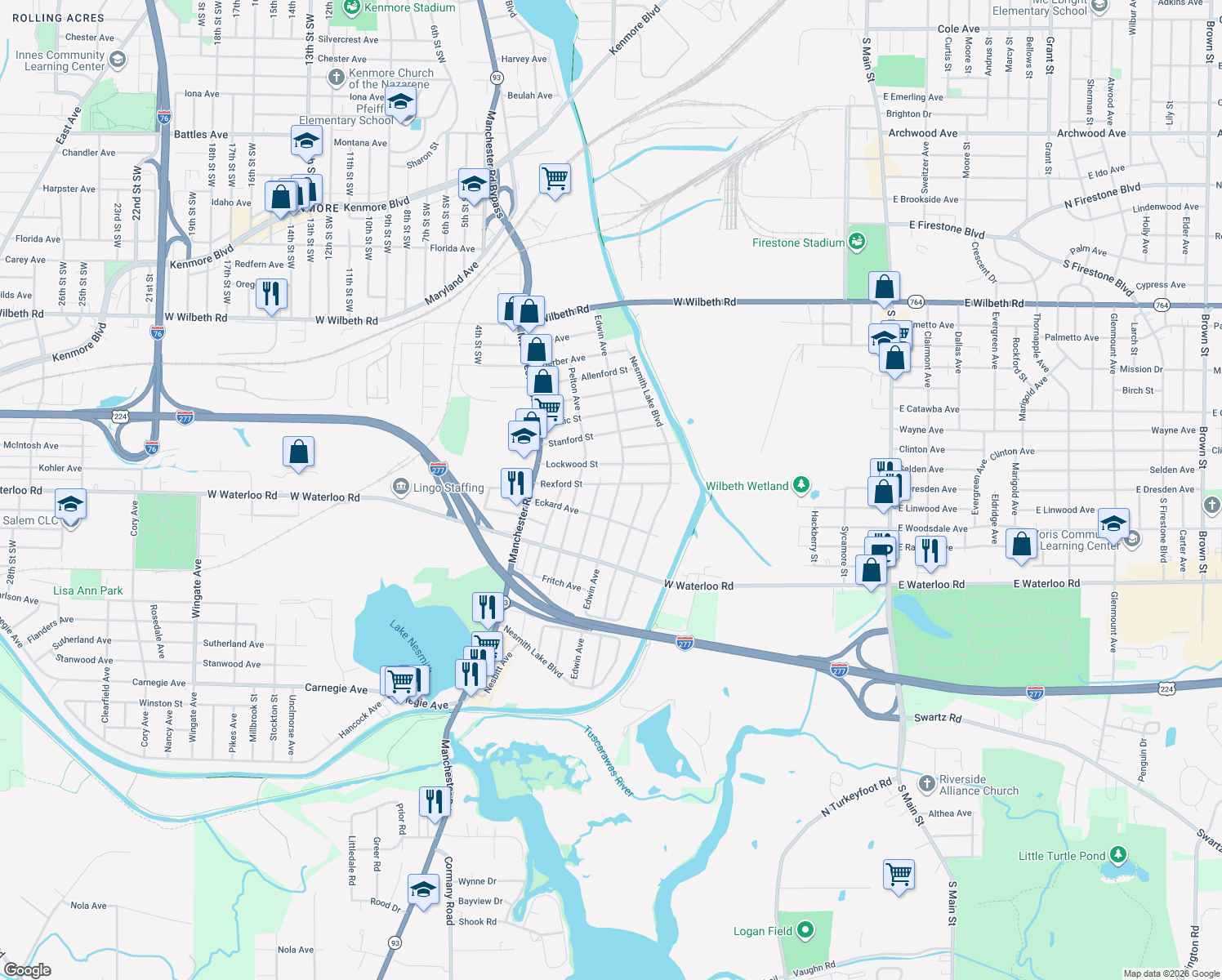 map of restaurants, bars, coffee shops, grocery stores, and more near 400 Rexford Street in Akron