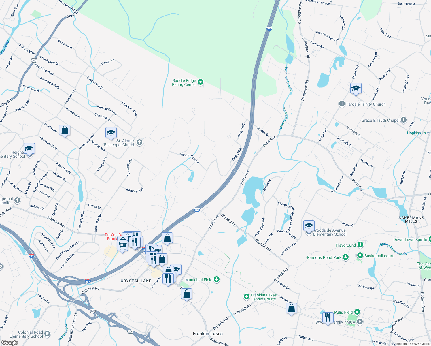 map of restaurants, bars, coffee shops, grocery stores, and more near 826 Shadow Ridge Road in Franklin Lakes