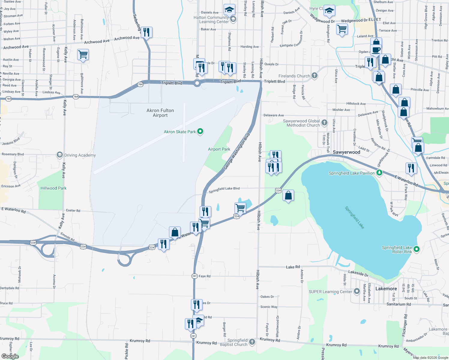 map of restaurants, bars, coffee shops, grocery stores, and more near 1914 Cherrywood Ln in Akron