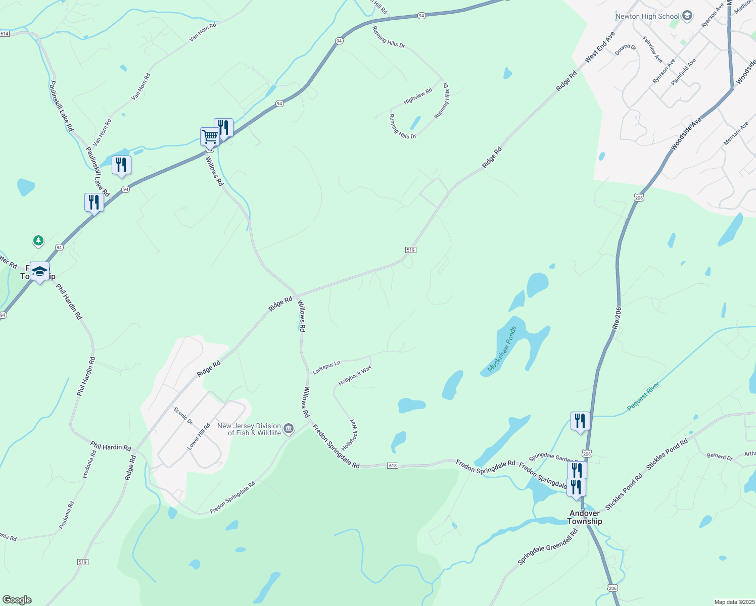 map of restaurants, bars, coffee shops, grocery stores, and more near 381 Ridge Road in Newton