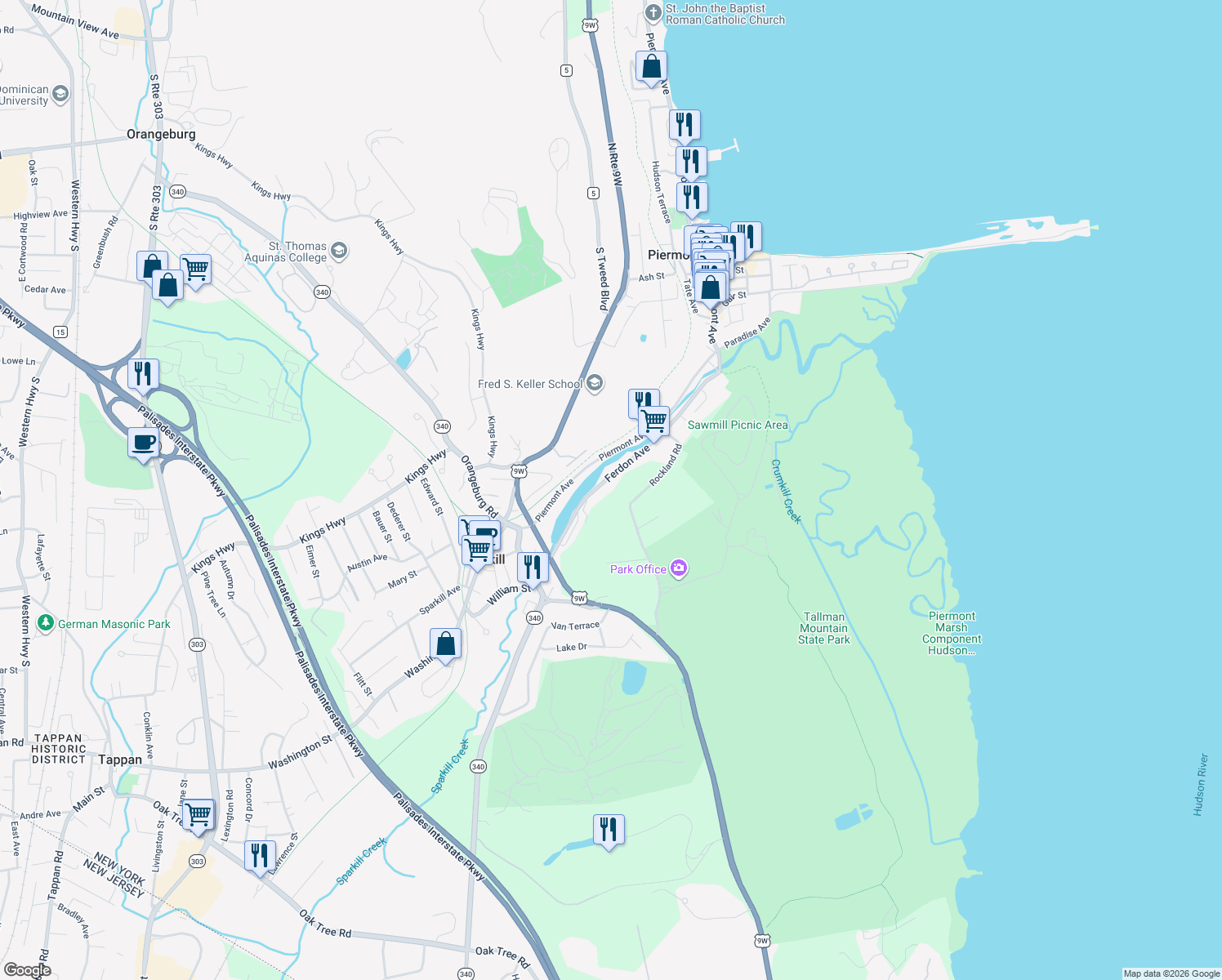map of restaurants, bars, coffee shops, grocery stores, and more near 79 Ferdon Avenue in Sparkill