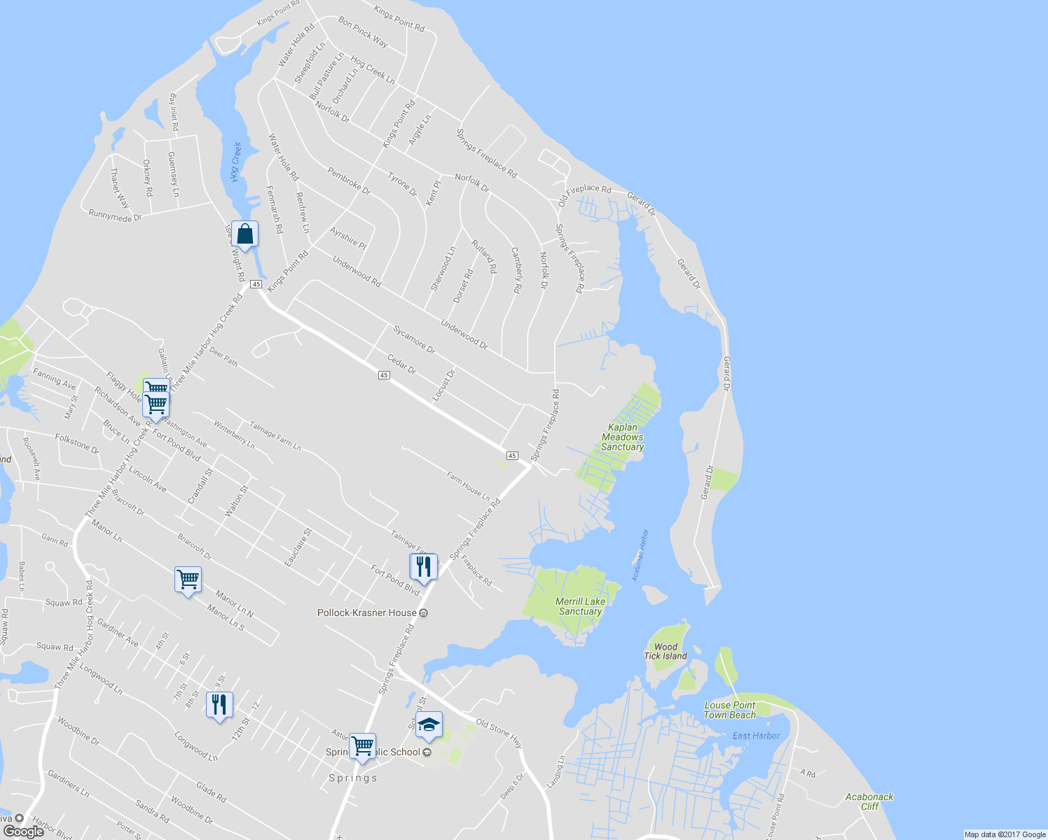 map of restaurants, bars, coffee shops, grocery stores, and more near 8 Dogwood Drive in East Hampton