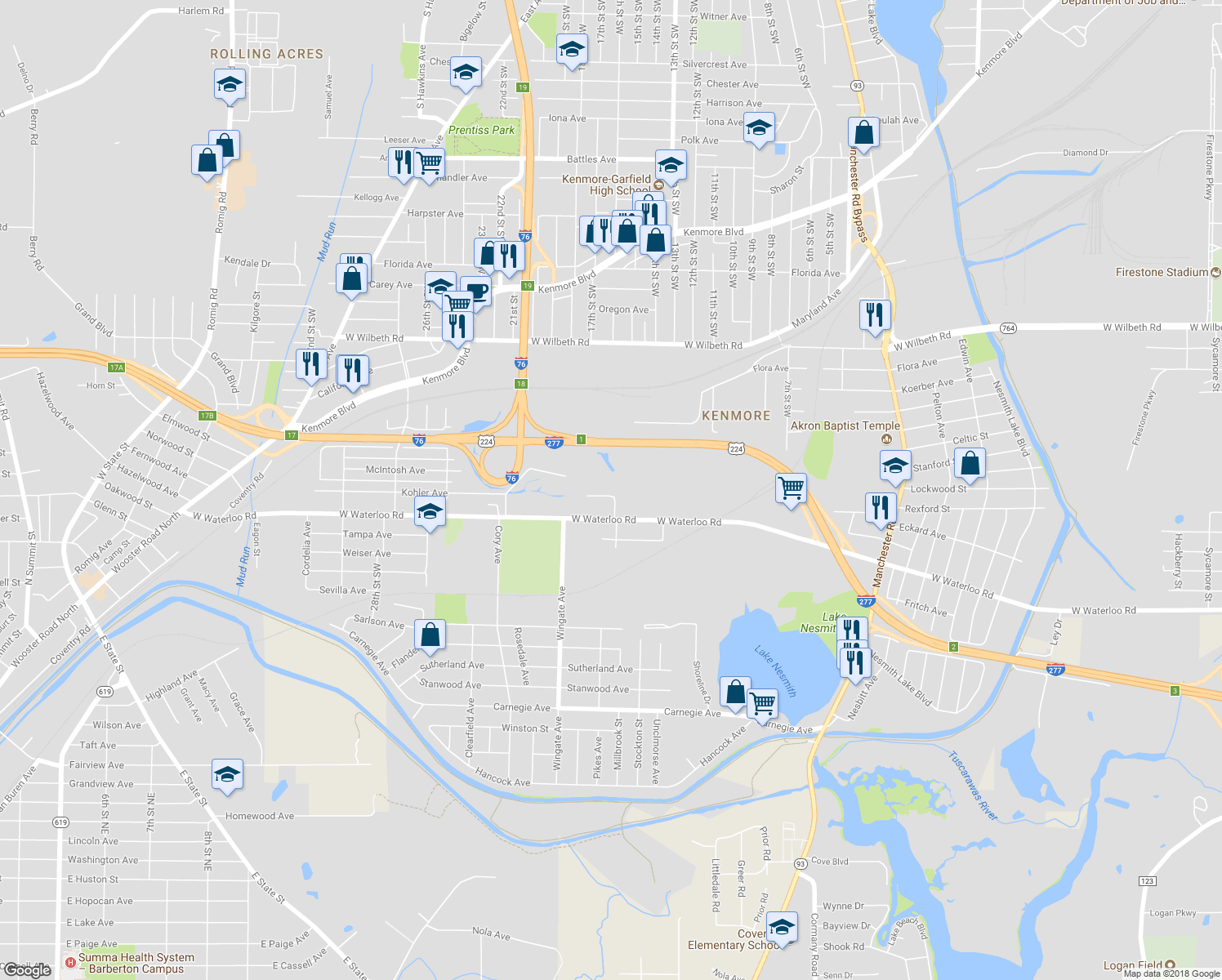 map of restaurants, bars, coffee shops, grocery stores, and more near 893 Kohler Avenue in Akron