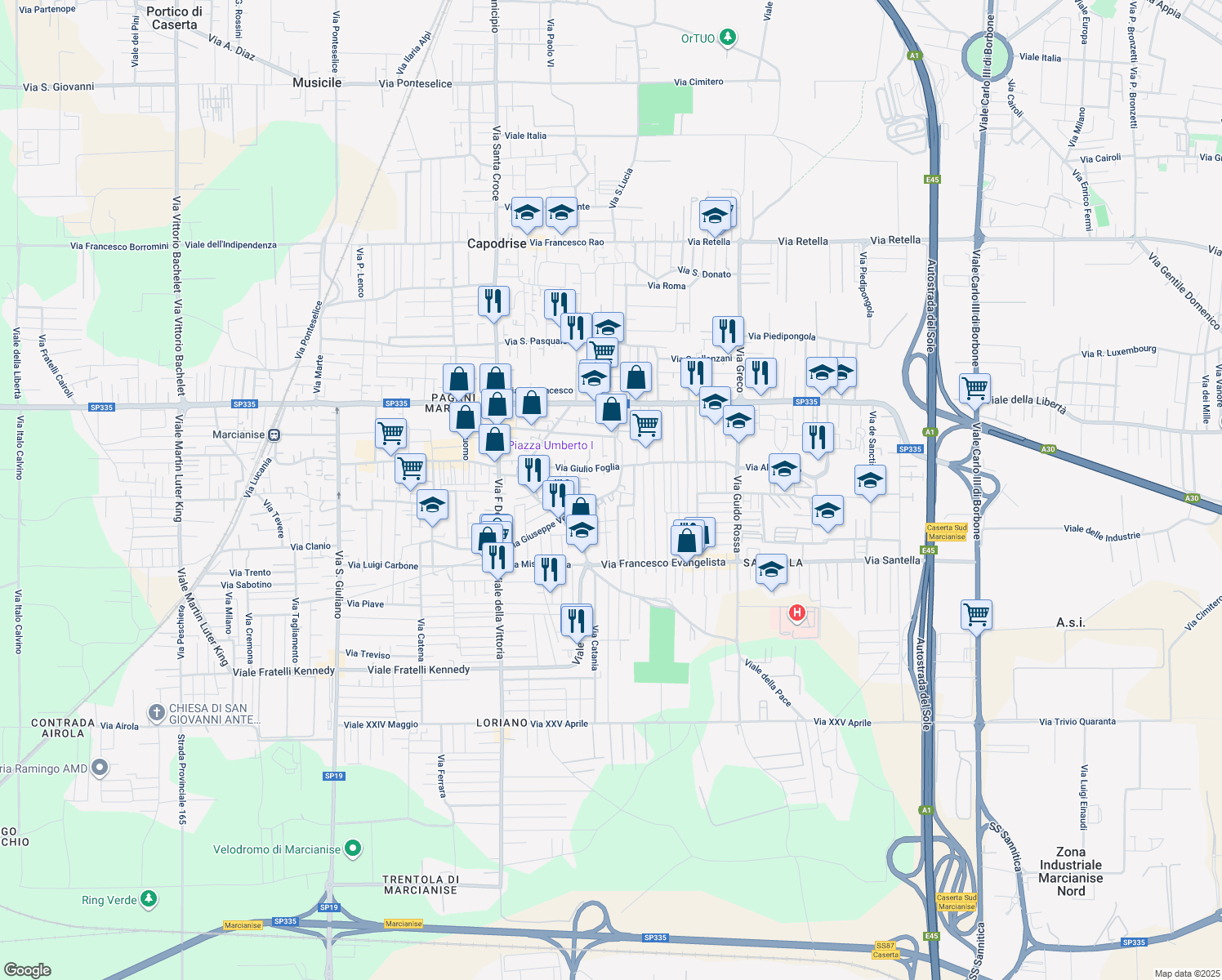 map of restaurants, bars, coffee shops, grocery stores, and more near 95 Via Giuseppe Verdi in Marcianise