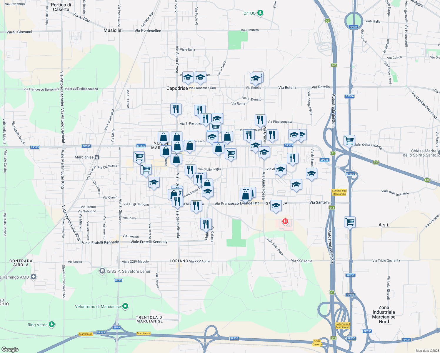 map of restaurants, bars, coffee shops, grocery stores, and more near 95 Via Giuseppe Verdi in Marcianise