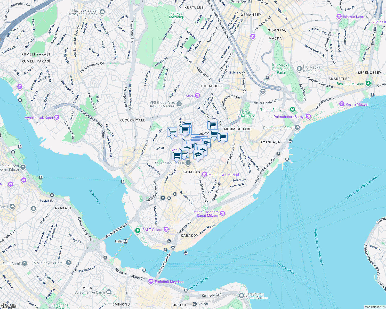map of restaurants, bars, coffee shops, grocery stores, and more near İstiklal Caddesi in Beyoğlu